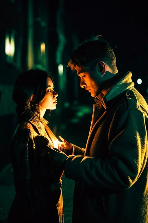 a man and a woman put their hands together, warmth accompanies them in the middle of the dark night, the woman almost fades away, the woman is a ghost and the man is a human, the woman will disappear and melt away, the woman wears warm clothes and the man continues to look into the eyes of the woman who will melting into patchwork