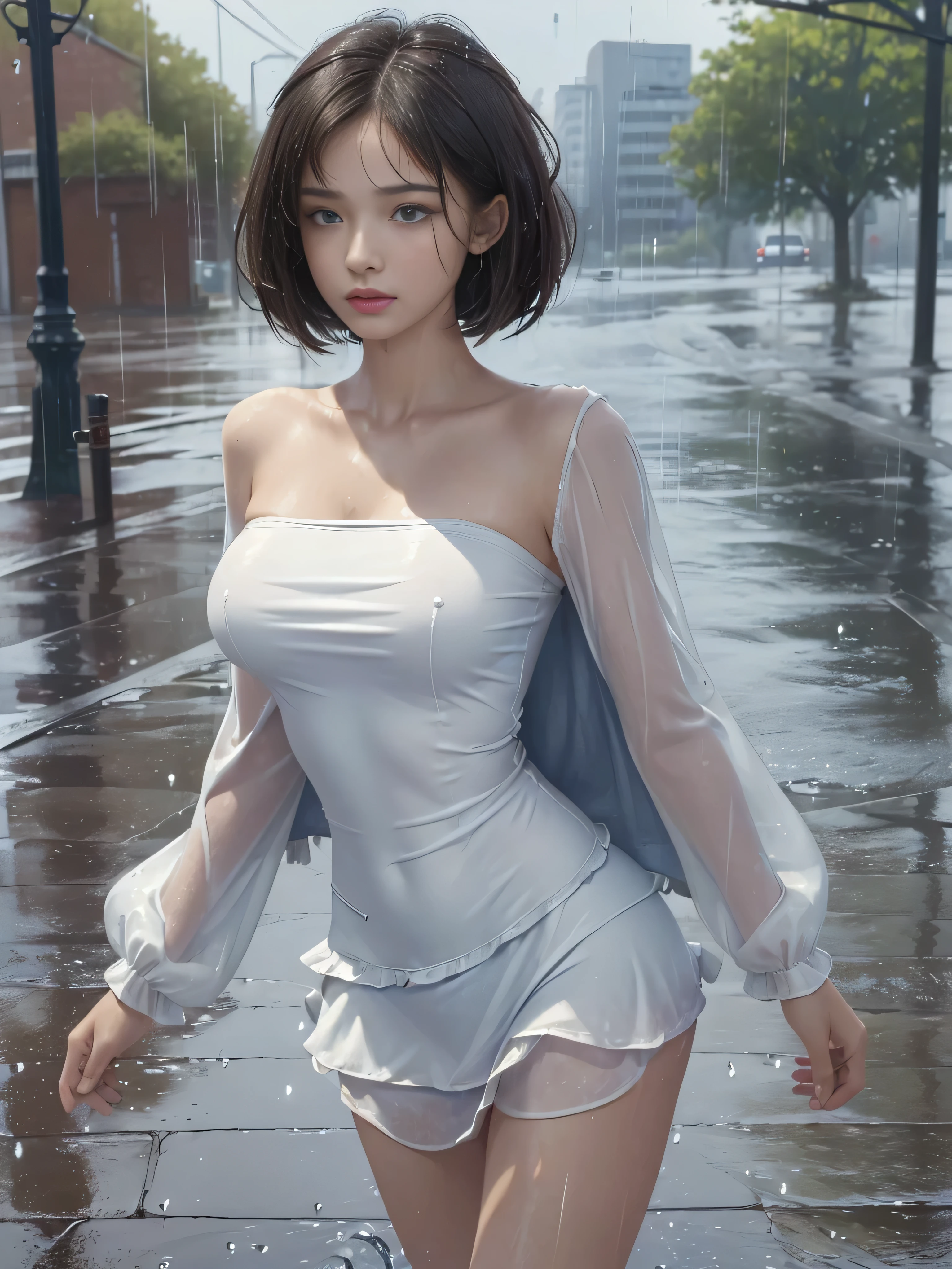 ((Best Quality, 8k, Masterpiece:1.3)), Focus:1.2, Perfect Body Beauty:1.4, Buttocks:1.2, ((Layered Haircut, Breasts:1.2)), (Wet Clothes:1.1) , (Rain, Street:1.3), Bandeau Dress: 1.1, Highly Detailed Face and Skin Texture, Fine Eyes, Double Eyelids, Whitened Skin, Long Hair, (Shut Up: 1.3)