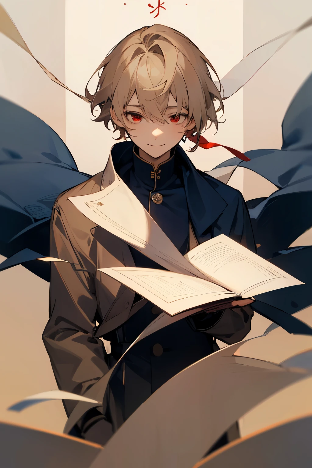 Beautiful boy、male、Calmness、A face that feels young、Adult atmosphere、shirt、Navy blue coat、rough、smile、Beige hair、Short Hair、Long side hair、Red Eyes、philosophical、quiet、writer、dim、Faintly eerie、Lonely、Floating letters