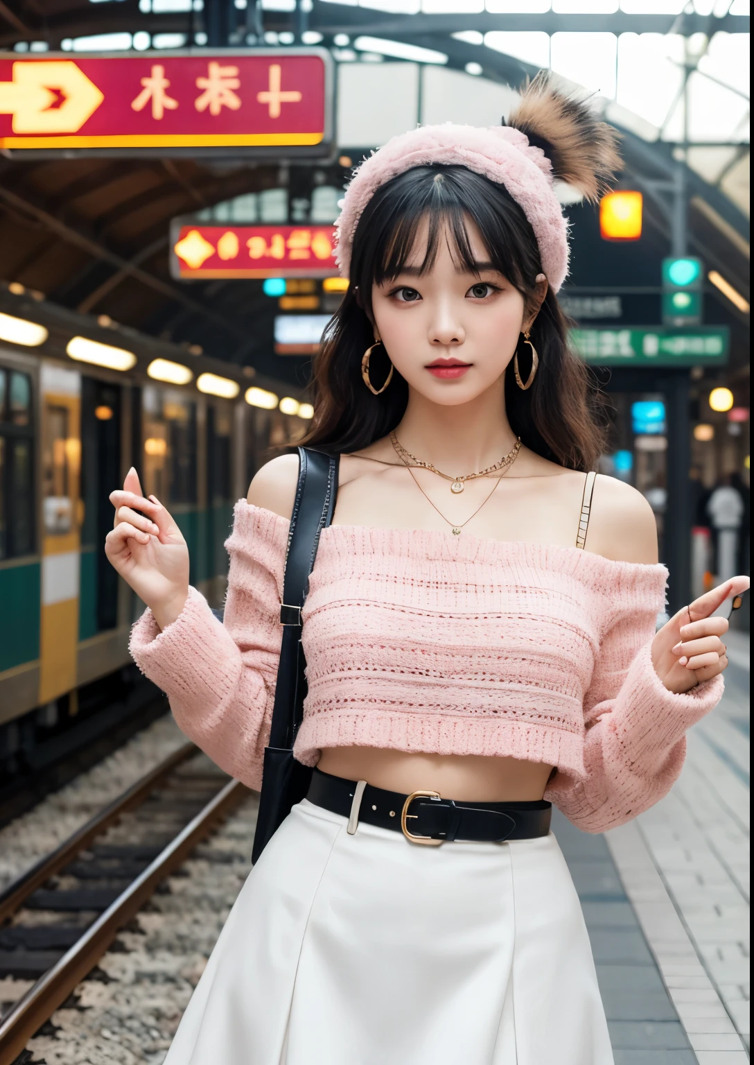 (Ultra-detailed eyes), (((textile shading))), (((Best Quality))), (((masterpiece))), (((Ultra realistic))), fat, sassy girl, street girl, messy hair, Emo Pin up Girl, pink fruity top, white fruity skirt, long leg warmers, y2k sparkle belt, faux fur hat, cute necklace, y2k edition earrings, black and pink outfit colors, Striking a pose, natural make up, skinny fat innocent, in a haunted rail station, heavenly, midshot, centered image, good girl, innocent girl, front look, black hair