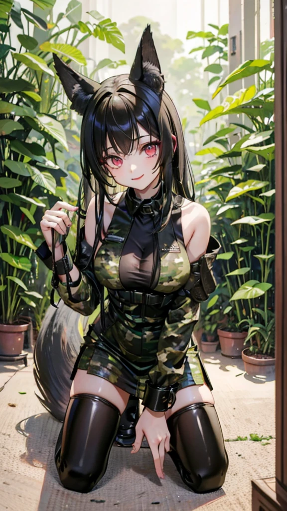 high quality, masterpiece, Ultra Detailed,，1 girl, Green camouflage tactical vest，Extremely detailed facial details, sweet smile，Red lips，Kneeling on the ground，Fox ears，Black long hair, Attractive pink eyes，Large Breasts，handcuffs，collar，Rainforest，North Africa