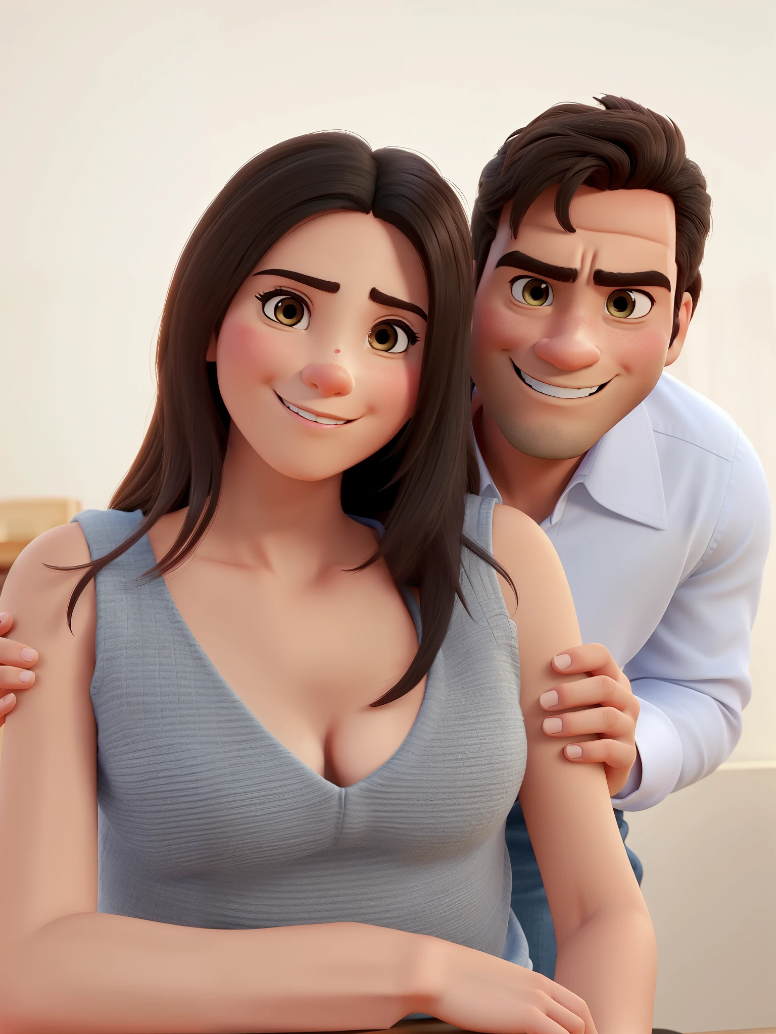 un hombre, Un y una mujer al estilo Disney Pixar, alta calidad, mejor calidad, gato
