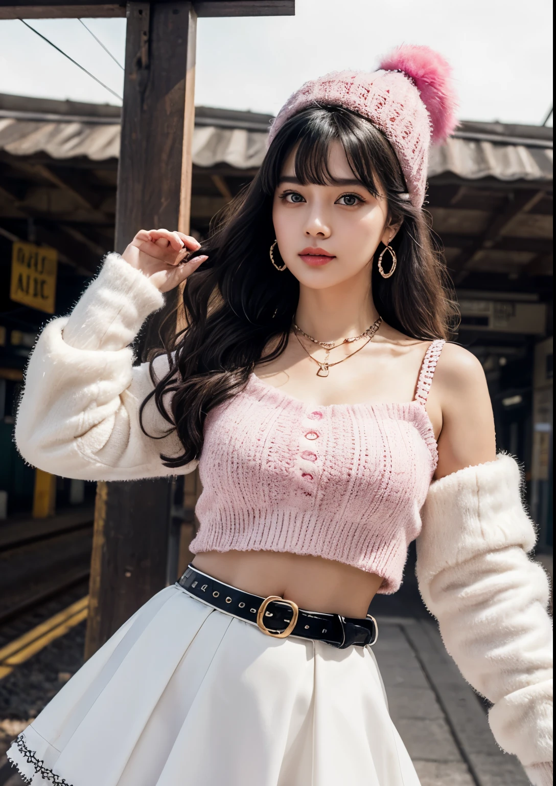 (Ultra-detailed eyes), (((textile shading))), (((Best Quality))), (((masterpiece))), (((Ultra realistic))), fat, sassy girl, street girl, messy hair, Emo Pin up Girl, pink fruity top, white fruity skirt, long leg warmers, y2k sparkle belt, faux fur hat, cute necklace, y2k edition earrings, black and pink outfit colors, Striking a pose, natural make up, skinny fat innocent, in a haunted rail station, heavenly, midshot, centered image, good girl, innocent girl, front look, black hair, ((cute navel)),