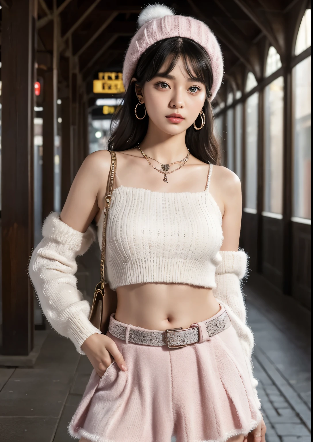 (Ultra-detailed eyes), (((textile shading))), (((Best Quality))), (((masterpiece))), (((Ultra realistic))), fat, sassy girl, street girl, messy hair, Emo Pin up Girl, pink fruity top, white fruity skirt, long leg warmers, y2k sparkle belt, faux fur hat, cute necklace, y2k edition earrings, black and pink outfit colors, Striking a pose, natural make up, skinny fat innocent, in a haunted rail station, heavenly, midshot, centered image, good girl, innocent girl, front look, black hair, ((cute navel)),