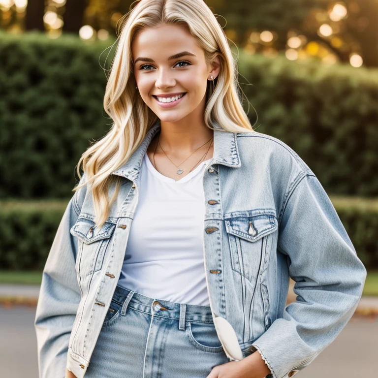 young blonde woman in mom jeans, white tee and jacket, smiling, designer 90s clothing, photorealistic, realistic, photorealism, glamour shot