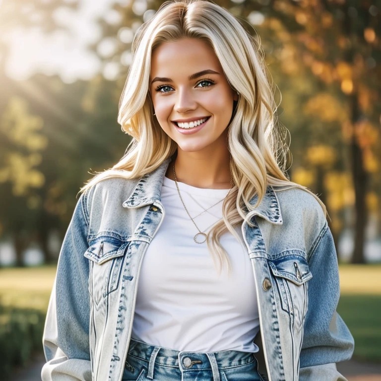 young blonde woman in mom jeans, white tee and jacket, smiling, designer 90s clothing, photorealistic, realistic, photorealism, glamour shot