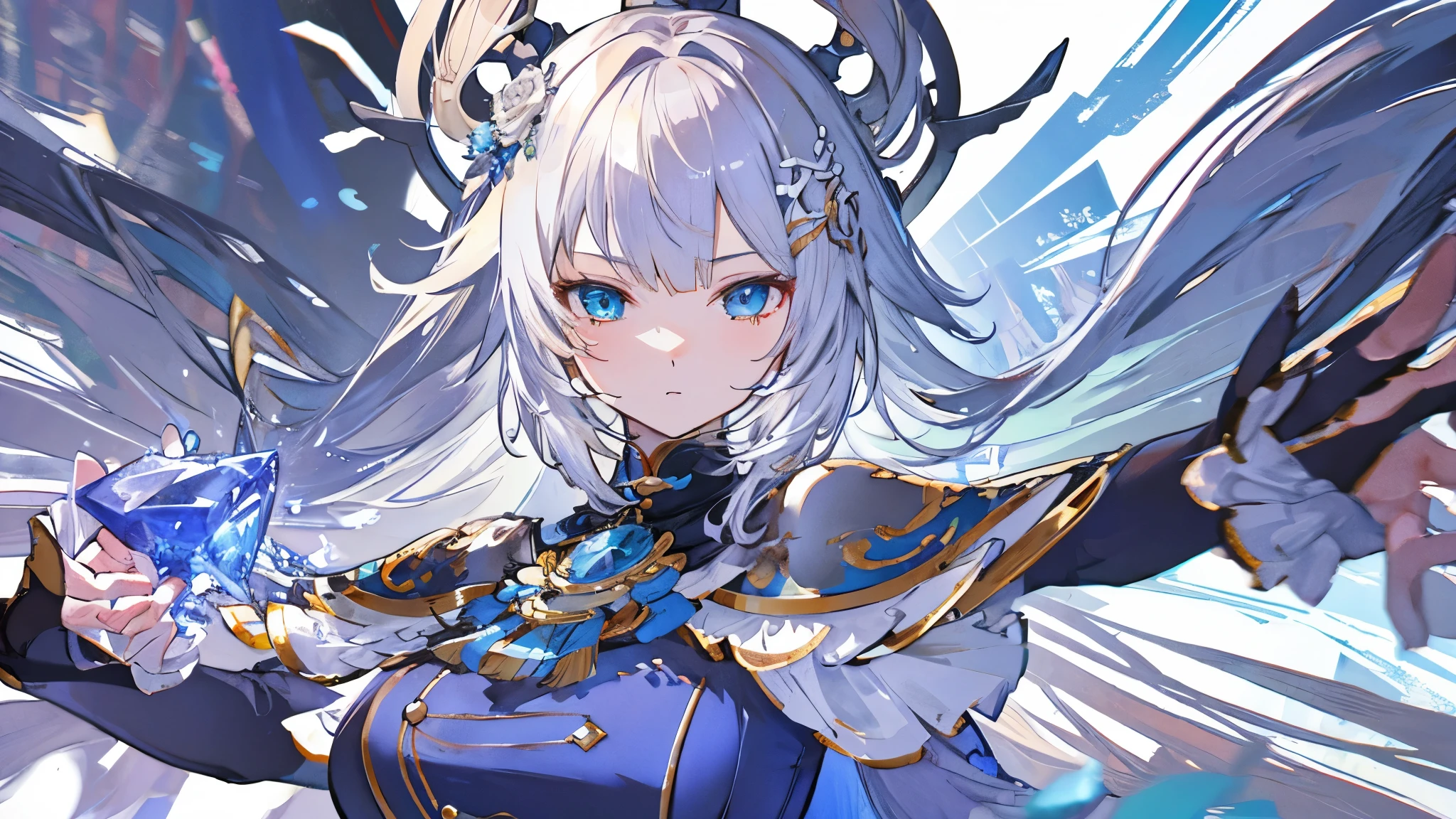 Close-up of woman in silver and blue dress, Chengwei Pan at Art Station, by ヤン・J, Detailed fantasy art, Amazing character art, Fan Art Best Art Station, Magnificent and elaborate character art, Beautiful Armor, Highly detailed art gems, Detailed digital anime art, artgerm の artstation pixiv, Girl in Armor
