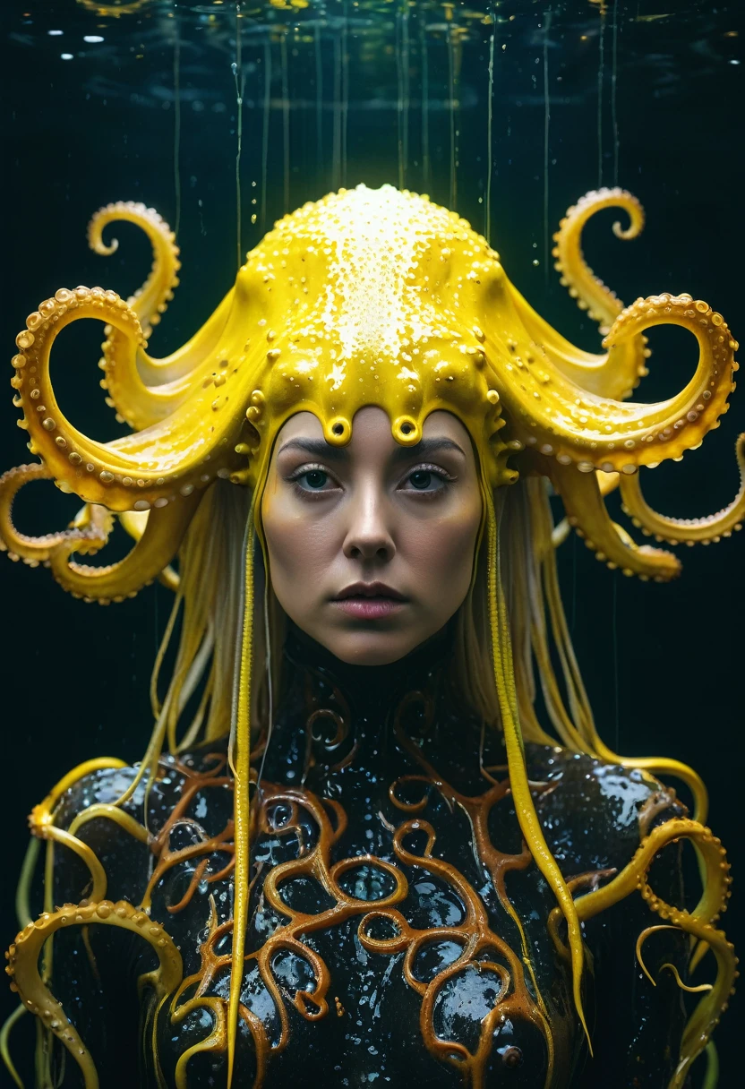 8K, ARTISTIC photogrAphy, best quAlity, mAsterpiece: 1.2), A (potrAit:1.2) witch Cthulhu SAINT, YELLOW-BLACK many octopus style tentacles, full body RAW candid cinema, yellow hair, 16mm, color graded portra 400 film, remarkable color, ultra realistic, sad admosphere, dark lighting, oppressive atmosphere, depressive colors, kodak portra 400, photograph,r, Natural Light, Pinhead lighgts, blur reflection, Brush Strokes, Smooth, abstract, Splatter, Oil On Canvas, rainbow colors, fractal isometrics details bioluminescens : a stunning realistic photograph of wet bone structure, 3d render, octane render, intricately detailed, titanium decorative headdress, cinematic, trending on artstation | Isometric | Centered