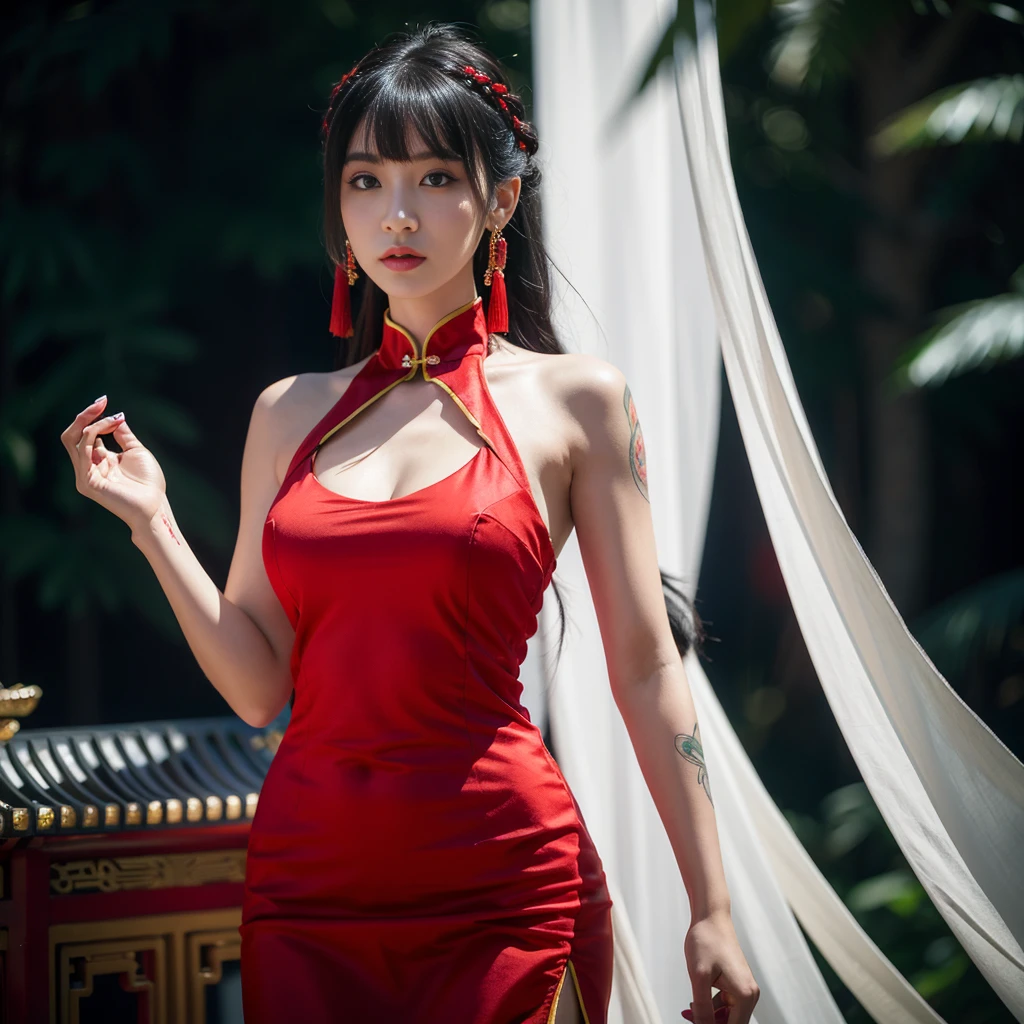 vibrant colors, female, masterpiece, sharp focus, best quality, depth of field, cinematic lighting, white hair, red eyes, braid, dress, long hair, red eyes, tattoo, earrings, jewelry, black dress, hair ornament, bangs, chinese clothes, breasts, china dress, sleeveless, 