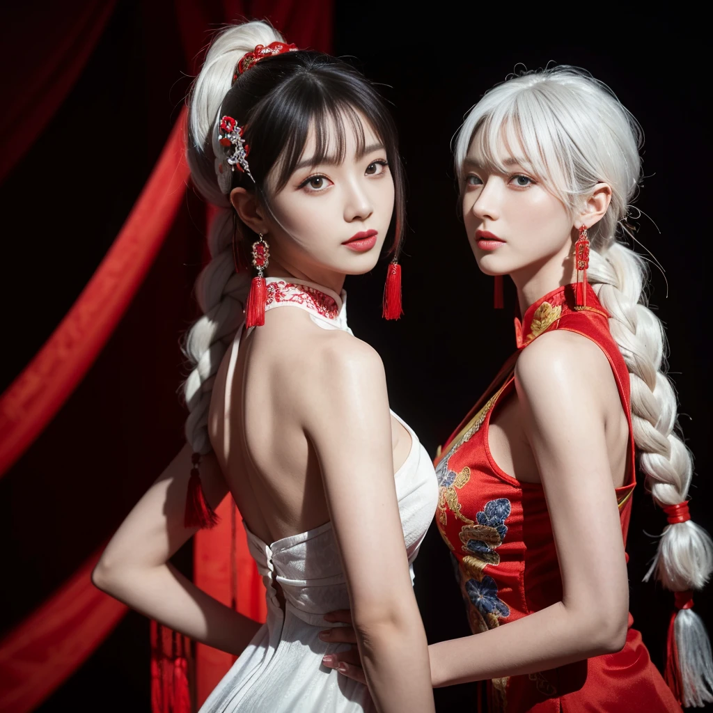 vibrant colors, female, masterpiece, sharp focus, best quality, depth of field, cinematic lighting, white hair, red eyes, braid, dress, long hair, red eyes, tattoo, earrings, jewelry, black dress, hair ornament, bangs, chinese clothes, breasts, china dress, sleeveless,