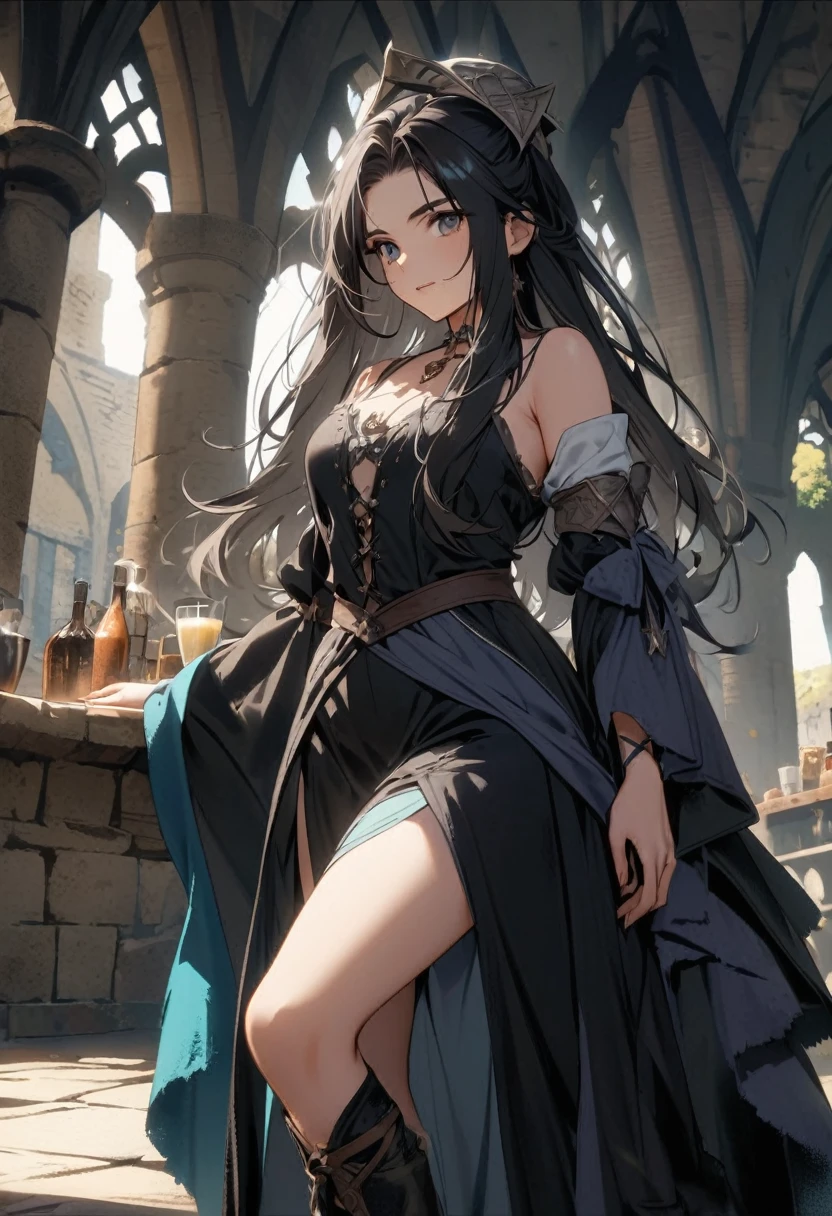 Italian girl, 25 years old, very long black hair, medieval fantasy sorceress