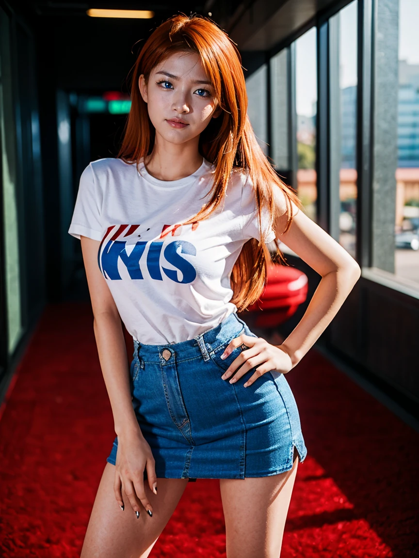 (1 lady), (Best quality at best:1.4), (ultra - detailed), (extremely detailed CG unified 16k), A Beautiful Woman with Perfect Figure: 1.4, Sharp Focus: 1.2, very detailed, High-definition RAW color photo, professional photoshooting, amazing face and eyes, cosmetics, (amazingly beautiful girl), ((asuka)), ((shirt, pleated miniskirt)), standing, sexyposture,(Stylish urban landscape, daylight, day light:1.3), (look from down), realistic cinematic face, head to feet long wide zoomed out view, full body long view, photorealistic, ((realistic natural orange redhair style, realistic blue eyes, long hair)), gorgeous, extremely beautiful face, perfect model beauty, pout mouth, Highly Detailed Face and Skin Texture, Detailed Eyes, Double Eyelids, Medium Breasts, Smile, cleavages, western, (masterpiece), best quality, high resolution, extremely detailed, blurred background, depth of field, cinematic lighting, amazing legs, high heels, clear and well-cared skin, (((woman occupies most of the picture)))