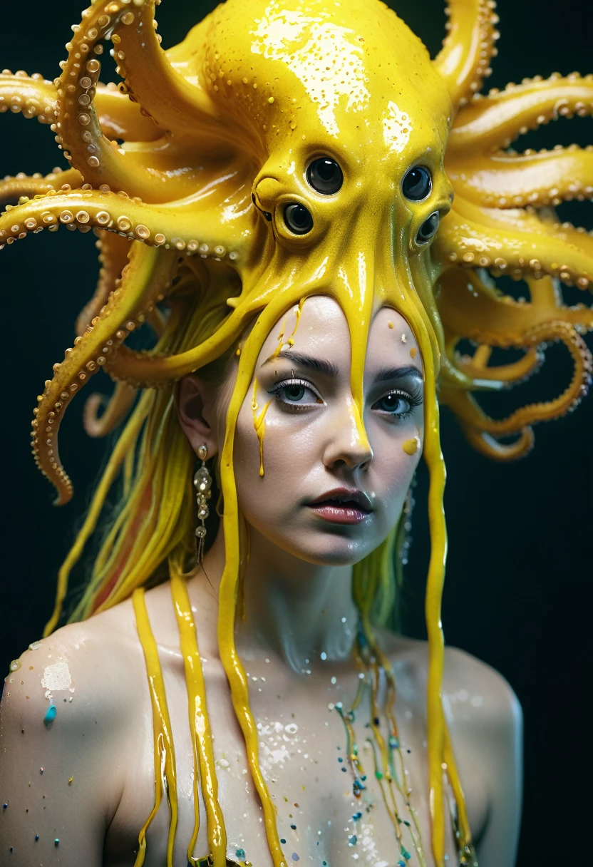 8K, ARTISTIC photogrAphy, best quAlity, mAsterpiece: 1.2), A (potrAit:1.2) witch Cthulhu SAINT, YELLOW-BLACK many octopus style tentacles, full body RAW candid cinema, yellow hair, 16mm, color graded portra 400 film, remarkable color, ultra realistic, sad admosphere, dark lighting, oppressive atmosphere, depressive colors, kodak portra 400, photograph,r, Natural Light, Pinhead lighgts, blur reflection, Brush Strokes, Smooth, abstract, Splatter, Oil On Canvas, rainbow colors, fractal isometrics details bioluminescens : a stunning realistic photograph of wet bone structure, 3d render, octane render, intricately detailed, titanium decorative headdress, cinematic, trending on artstation | Isometric | Centered