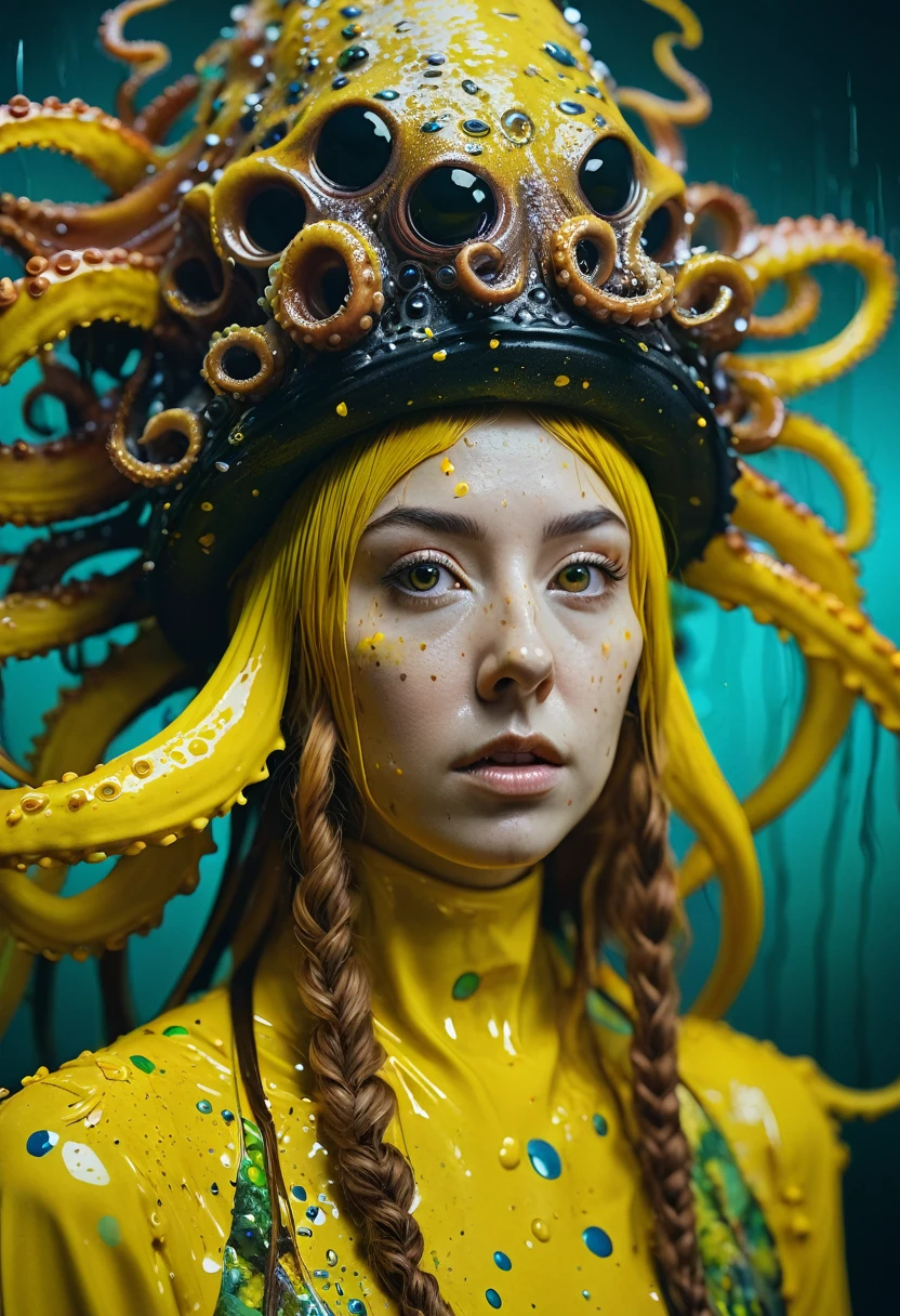 8K, ARTISTIC photogrAphy, best quAlity, mAsterpiece: 1.2), A (potrAit:1.2) witch Cthulhu SAINT, YELLOW-BLACK many octopus style tentacles, full body RAW candid cinema, yellow hair, 16mm, color graded portra 400 film, remarkable color, ultra realistic, sad admosphere, dark lighting, oppressive atmosphere, depressive colors, kodak portra 400, photograph,r, Natural Light, Pinhead lighgts, blur reflection, Brush Strokes, Smooth, abstract, Splatter, Oil On Canvas, rainbow colors, fractal isometrics details bioluminescens : a stunning realistic photograph of wet bone structure, 3d render, octane render, intricately detailed, titanium decorative headdress, cinematic, trending on artstation | Isometric | Centered