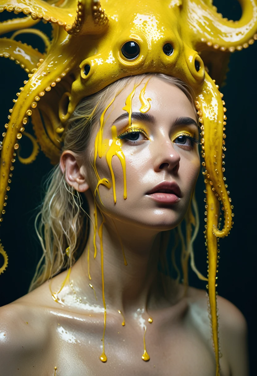 8K, ARTISTIC photogrAphy, best quAlity, mAsterpiece: 1.2), A (potrAit:1.2)  witch  Cthulhu  SAINT, YELLOW-BLACK many octopus style tentacles, full body RAW candid cinema, yellow hair, 16mm, color graded portra 400 film, remarkable color, ultra realistic, sad admosphere, dark lighting, oppressive atmosphere, depressive colors, kodak portra 400, photograph,r, Natural Light, Pinhead lighgts, blur reflection, Brush Strokes, Smooth, abstract, Splatter, Oil On Canvas, rainbow colors, fractal isometrics details bioluminescens : a stunning realistic photograph of wet bone structure, 3d render, octane render, intricately detailed, titanium decorative headdress, cinematic, trending on artstation | Isometric | Centered