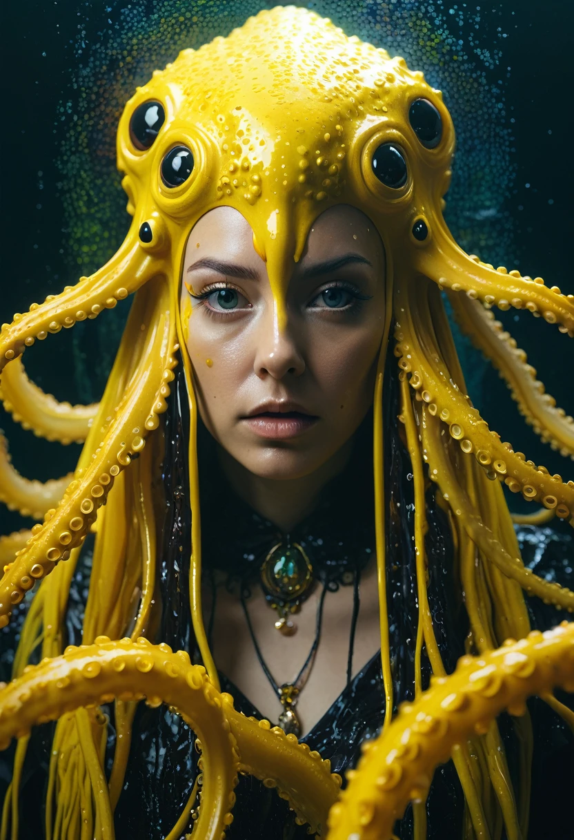 8K, ARTISTIC photogrAphy, best quAlity, mAsterpiece: 1.2), A (potrAit:1.2) witch Cthulhu SAINT, YELLOW-BLACK many octopus style tentacles, full body RAW candid cinema, yellow hair, 16mm, color graded portra 400 film, remarkable color, ultra realistic, sad admosphere, dark lighting, oppressive atmosphere, depressive colors, kodak portra 400, photograph,r, Natural Light, Pinhead lighgts, blur reflection, Brush Strokes, Smooth, abstract, Splatter, Oil On Canvas, rainbow colors, fractal isometrics details bioluminescens : a stunning realistic photograph of wet bone structure, 3d render, octane render, intricately detailed, titanium decorative headdress, cinematic, trending on artstation | Isometric | Centered