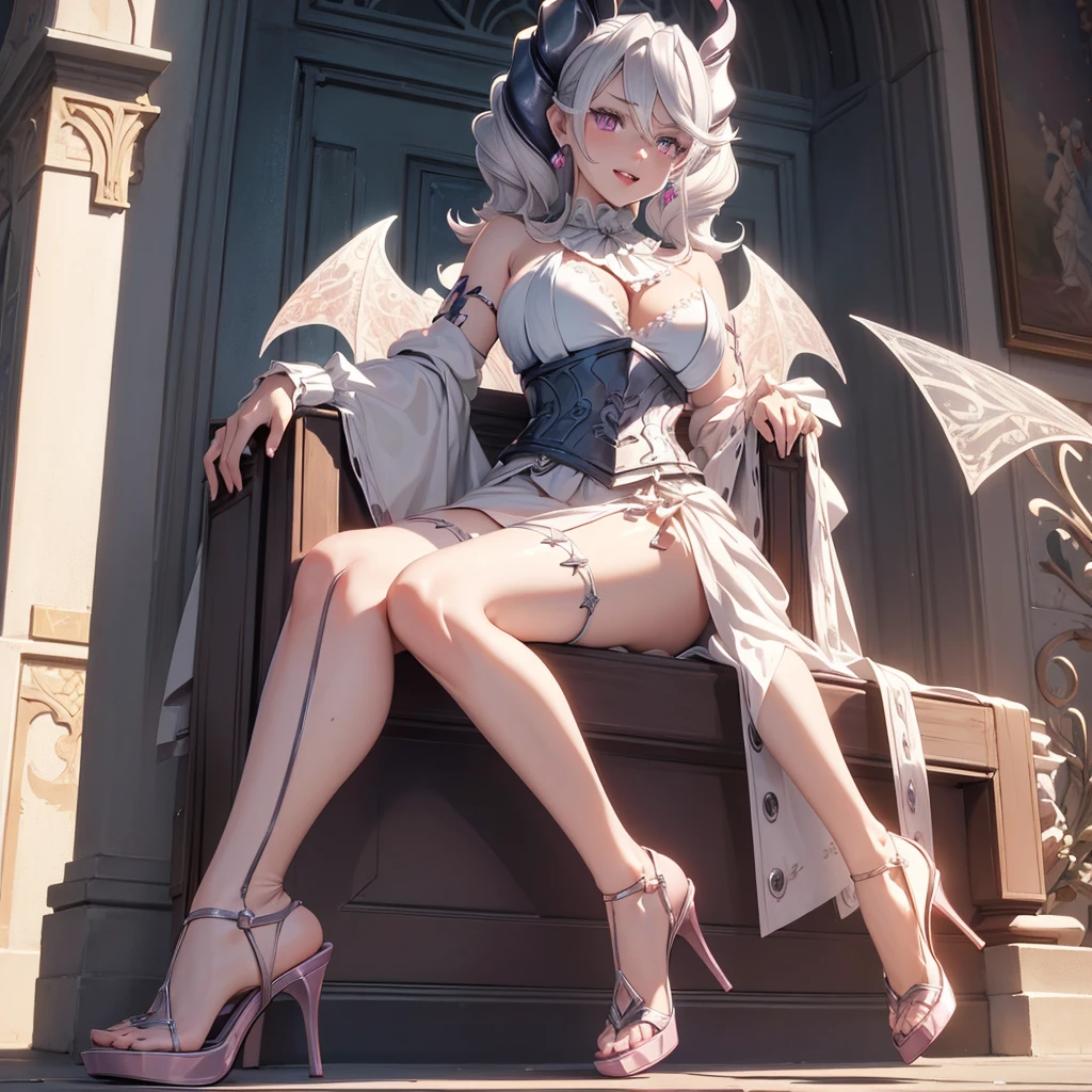 ((masterpiece)),(best quality), ((extremely detailed CG unity 4k wallpaper)),(cinematic lighting), (an extremely delicate and beautiful girl:1.3),face, fixed eye, (++white hair++), pink eyes, long hair, jewelry, earrings, :d, maid, labrynth,
Large breast ,(garden roses), horn ,large wings, outdoor ,both hands on armchair ,  sitting , crossed leg in detailed, all body , wearing pink stiletto heels ,from below