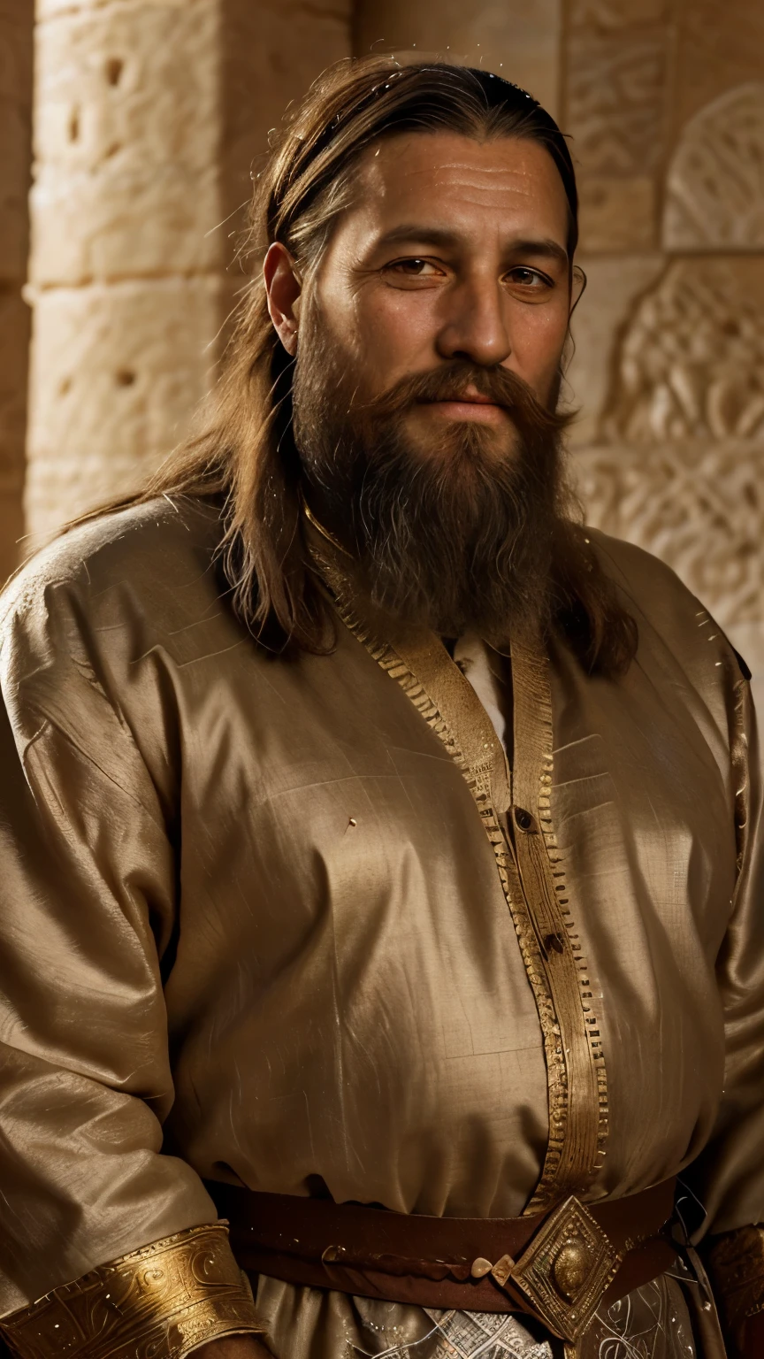 King Solomon. man 45-50 years old. ultra realistic portrait image. good lighting. In the clothes of ancient Israel. Expensive outfit. bearded, kind look. A slight smile on his face. High detail.