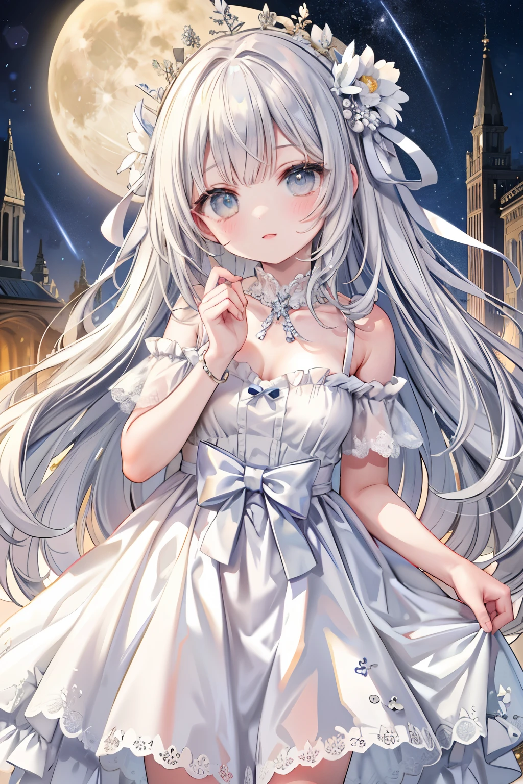 ((highest quality)), ((masterpiece)), (detailed), Perfect face, amazing starry sky、full moon　White Dress、Beautiful girl