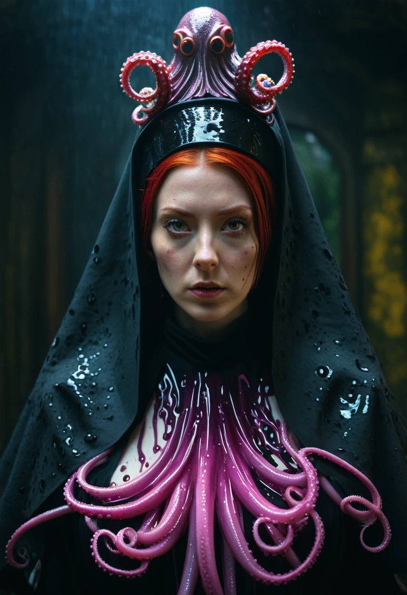 8K, ARTISTIC photogrAphy, best quAlity, mAsterpiece: 1.2), A (potrAit:1.2) witch BLOOD Cthulhu nun QUEEN, EYES, PINK many octopus style tentacles, full body RAW candid cinema, RED hair, 16mm, color graded portra 400 film, remarkable color, ultra realistic, sad admosphere, dark lighting, oppressive atmosphere, depressive colors, kodak portra 400, photograph,r, Natural Light, Pinhead lighgts, blur reflection, Brush Strokes, Smooth, abstract, Splatter, Oil On Canvas, rainbow colors, fractal isometrics details bioluminescens : a stunning realistic photograph of wet bone structure, 3d render, octane render, intricately detailed, titanium decorative headdress, cinematic, trending on artstation | Isometric | Centered