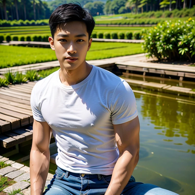 1 man, smile, (Wear a white round neck shirt., short sleeve shirt ยี่ห้อ under armor), Jeans, Korean guy , korean men, (Lifelike lighting), chest muscles, Big arm muscles, blood vessel, big muscles, Broad shoulders, looking at the audience, Balancing the eyeake eye contact), (rice paddies), (rice paddies field) , sit in the shade