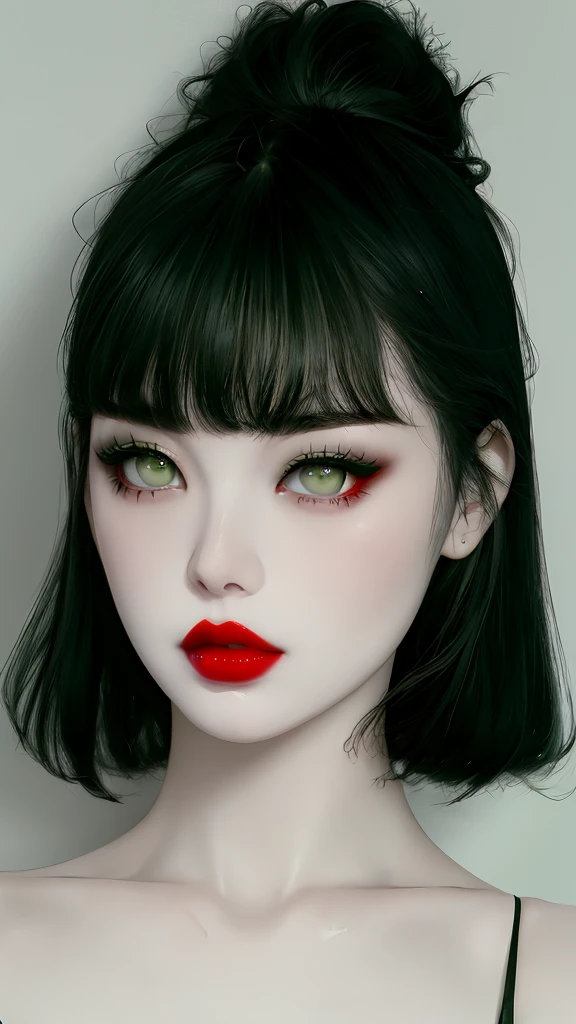 Pale body and black hair black eyebrows and green eyes big red lips and perfect nose