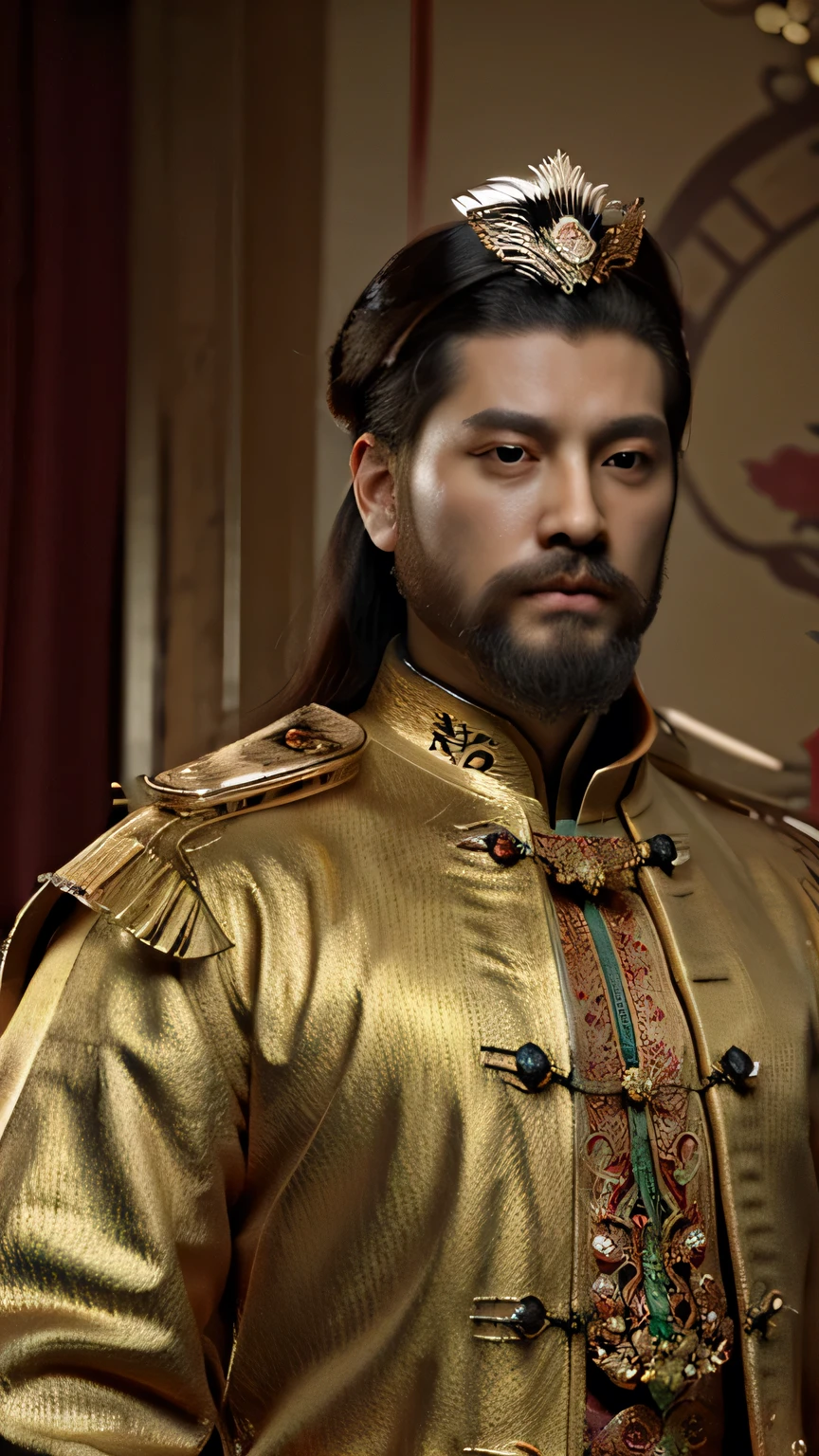 . .Chinese style as Emperor 8k, high definition, detailed face, detailed face, detailed eyes, detailed suit, long beards, wear the chinese emperor crown, Golden Chinese emperor suit, with yellow aura around body, in style of Mandarin and Chinese, hyper-realistic, + cinematic shot + dynamic composition, incredibly detailed, sharpen, details + superb details + evening with light + perfectionism + award winning realism ((moody lighting))