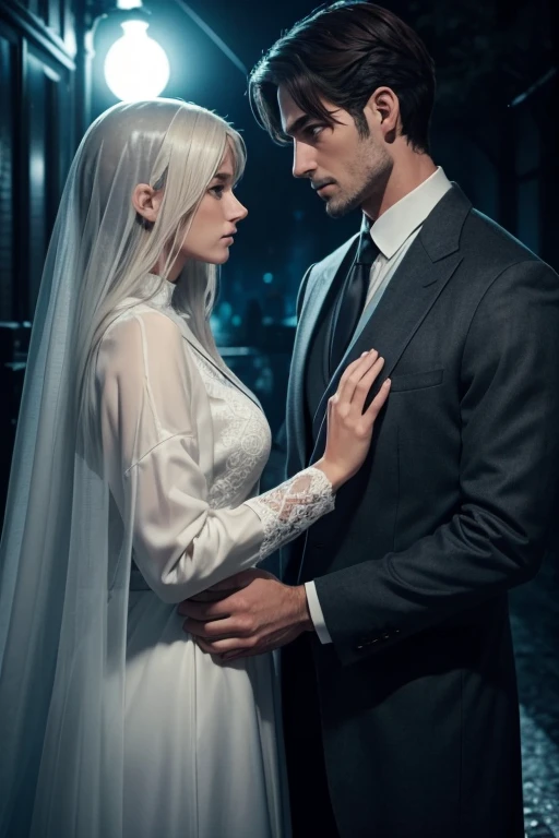 a man and a woman holding each other's hands together, warmth accompanies them in the middle of the dark night, the woman almost fades, the woman is a ghost and the man is a human.  the woman will disappear and melt, the woman wears warm clothes and the man continues to look at the woman's eyes which will melt into pieces, remember women are ghosts in human form and very men are humans