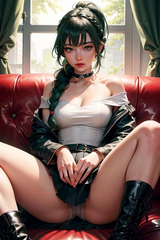 (pornography), (8k,masterpiece, top quality, best quality,beautiful and aesthetic:1.2,professional illustrasion:1.1,ultra detail:1.3,perfect lighting), extremely detailed, highest detailed, incredibly absurdres, highres, ultra detailed, intricate:1.6, (girl), beautiful, kawaii, beautiful eyes, beautiful hair, aquamarine eyes, cute rip, medium breasts, oily skin, ((brond_green hair)), ((blunt bang:1.2)), (braid ponytail:1.4), ringlets, off shoulder, black pantyhose, Black Choker, leather boots, very short length white shirts with open chest, very short pleated miniskirt, nsfw