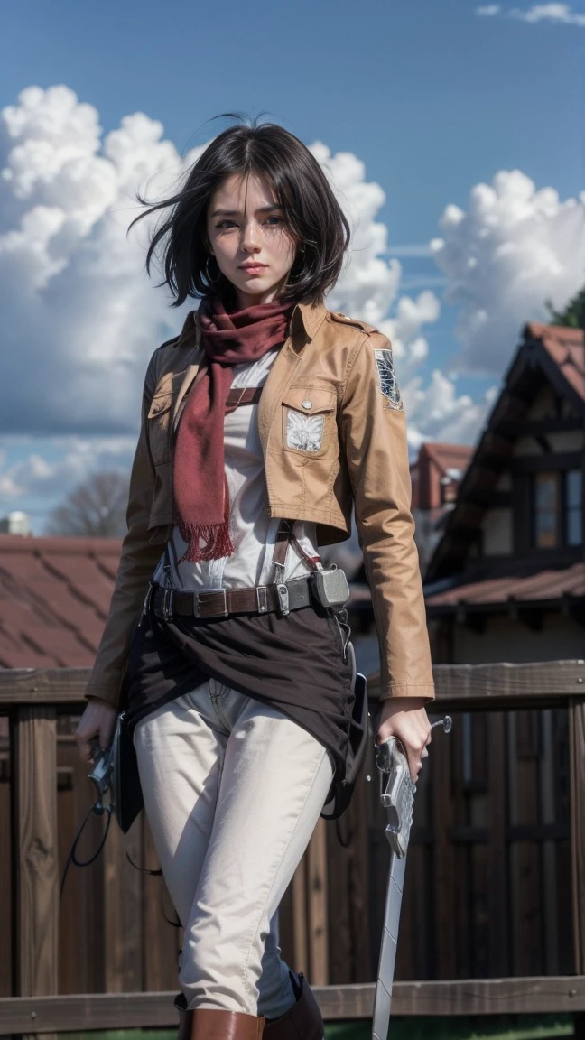 Mikasa, Masterpiece, Best quality, A high resolution, Short hair, Black eyes, Scarf, emblem, belt, thigh band, Red scarf, White pants, Brown jacket, Long sleeves, holding weapon, sword, dual wielding, Three-dimensional motorized gears, Arms spread wide, standing on one leg, Wide shot, sky, Highest quality, high resolution.