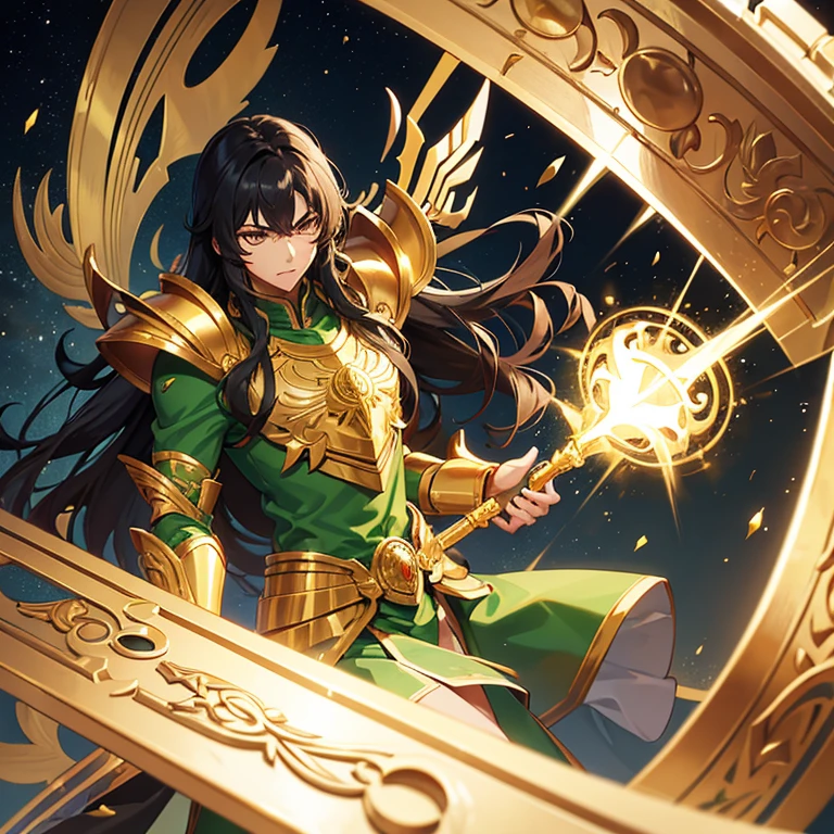 handsome young man, young appearance, slim build, dark complexion, long wavy black hair, golden eyes, green shirt, bronze Saint Seiya armor, shield theme.