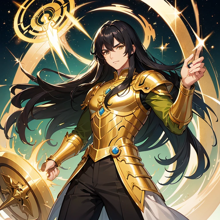 handsome young man, young appearance, slim build, dark complexion, long wavy black hair, golden eyes, green shirt, bronze Saint Seiya armor, shield theme.