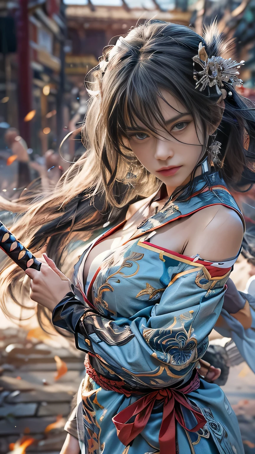 (RAW shooting, Photoreal:1.5, 8k, highest quality, masterpiece, ultra high resolution), Sengoku, Fire, Wars flaring up everywhere:1.3, perfect dynamic composition:1.2, Highly detailed skin and facial textures:1.2, Slim female samurai with a sharp katana sword:1.3, Fight:1.2, beautiful and aesthetic, cute and sexy beauty, perfect style:1.2, wear elaborate rings, fire, water, Wind, thunder, ice, Fair skin, very beautiful face, (Medium chest, Chest gap), (embarrassing smile, The expression on your face when you feel intense caress, Facial expression when feeling pleasure), (Wearing a sexy Sengoku uniform:1.1, off shoulder), (beautiful blue eyes, Eyes that feel beautiful eros:0.8), (Too erotic:0.9, Bewitching:0.9), full body shot