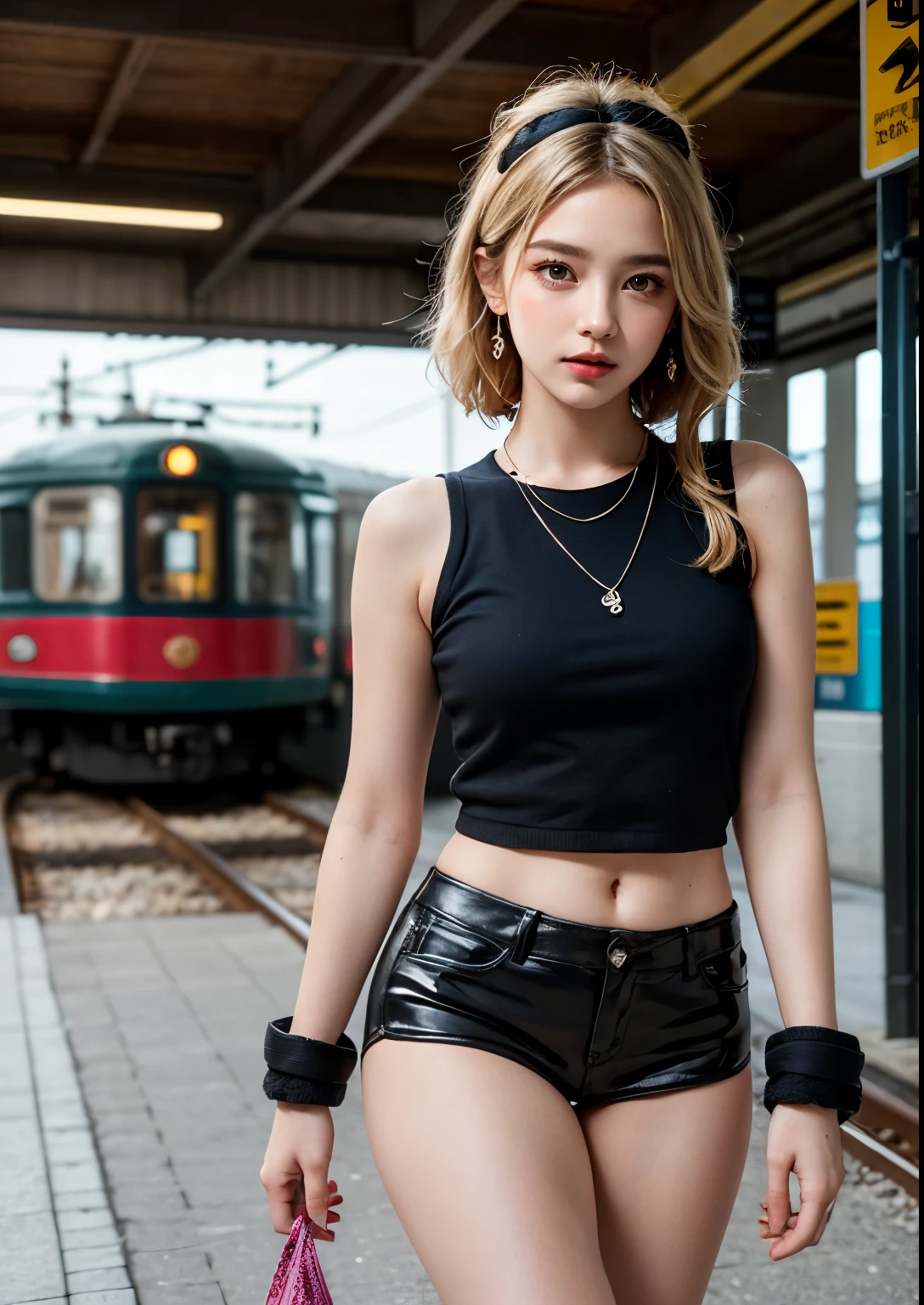 (Ultra-detailed eyes), (((textile shading))), (((Best Quality))), (((masterpiece))), (((Ultra realistic))), fat, sassy girl, street girl, blonde messy hair, Emo Pin up Girl, silver hair clips, furry jewel scrunchie, chain earrings, chain jewel belt, chain necklace, mini skirt, pink top, leg warmers, arm warmers, black and pink outfit colors, Striking a pose, natural make up, skinny fat innocent, in a haunted rail station, heavenly, midshot, centered image, good girl, innocent girl, front look
