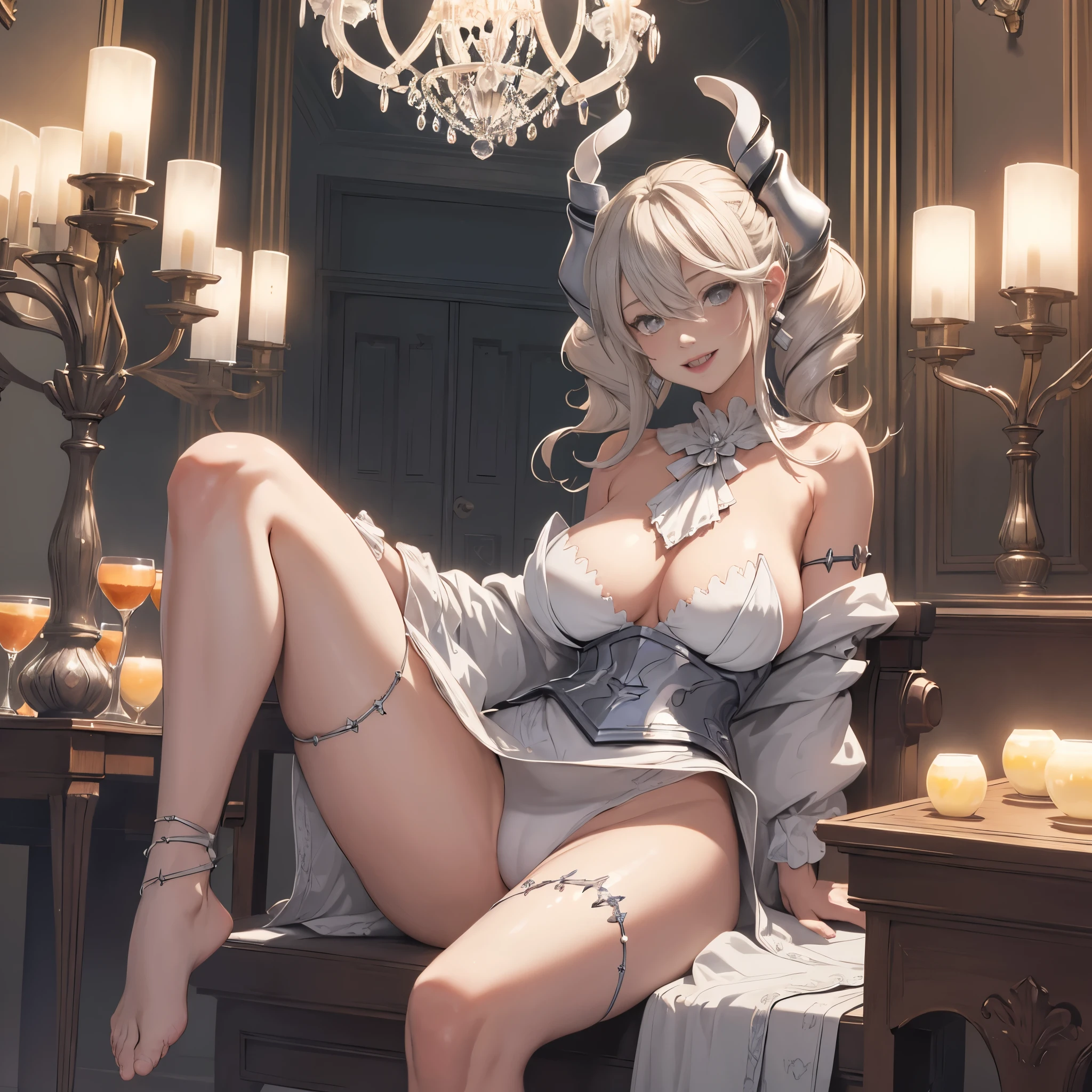 ((masterpiece)),(best quality), ((extremely detailed CG unity 4k wallpaper)),(cinematic lighting), (an extremely delicate and beautiful evil girl:1.3),face, fixed eye, hand fixed (++blonde hair++), silver eyes, long hair, jewelry,earrings, :d, maid, labrynth,
Large breast ,(Crystal chandelier), horn ,indoor ,view from side, hand over lab, sitting , crossed leg in detailed, all body , leg fixed, shenhedef, shenhernd