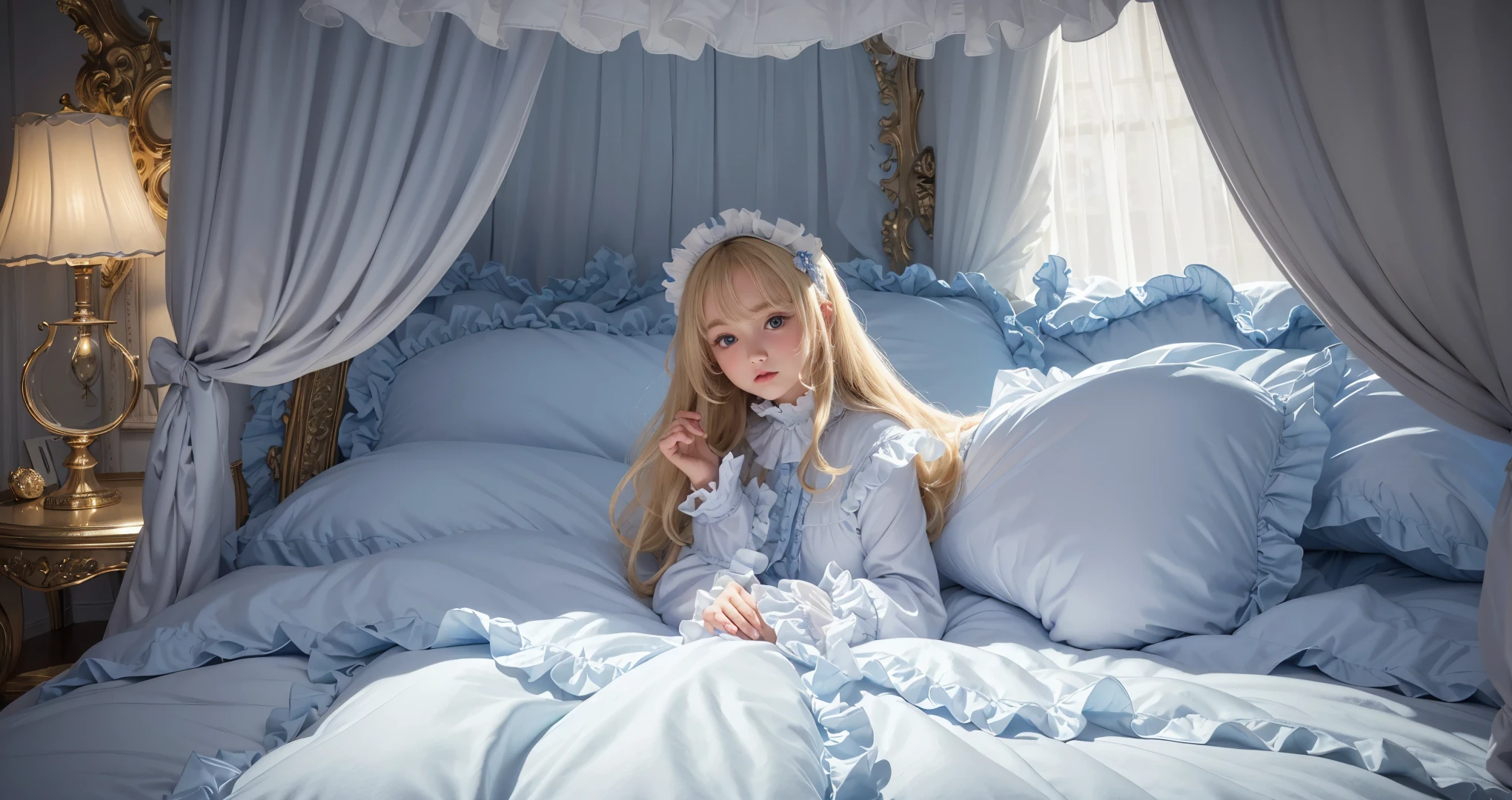 ,highest quality, masterpiece, Highest Resolution, artwork, super それにGet used to it, many Get used to it, Get used to it, それにGet used to it, 3K realistic photos,(( 10 year old girl)),Super detailed baby face,high quality small face,long blonde hair that grows to the waist,blue eyes,白い肌のEuropean,pajamas, European,(((Super long blonde hair))),Curly Hair,blue eyes,((((白のロリータファッションのLong skirtのワンピースドレス)))),((A white nightgown with lots of frills and ribbons)),((1920s style nightgown)),((A gorgeous headdress with frills and ribbons)),Detailed headdress,,(((Large yoke collar))),Yoke collar with ruffles and bow,((((Long sleeve)))),Ruffle sleeves,((((Long skirt)))),White ruffle and lace socks,Large frill and ribbon pillow,(((Nice white clothes))),豪華なCanopy bedの上,Canopy bed,The bed is surrounded by luxurious curtains.,There were a lot of frilly pillows on the bed.,There are a lot of frilly pillows behind the girl.,Highly detailed background,Detailed bed,Soft white comforter,Very fine soft frilly pillow,Beautiful girl illustration,Beautiful face in every detail,Thinning hair,Detailed eyes ,Detailed eyess,Mouth details, Arm details,Beautiful Hands,Detailed pillow,Large bed,Illustration on the bed, ,((((Round futon)))),((((A large frilly futon that covers the entire bed)))),Detailed comforter,Detailed bedシーツ,Before bedtime,Romantic atmosphere,Palace Bedroom,((((The lower half of the body is completely covered by a large cloth.。, Inflated duvet..)))) The girl is leaning against a pile of pillows, ,((((Round futon)))),((((A large frilly futon that covers the entire bed)))),