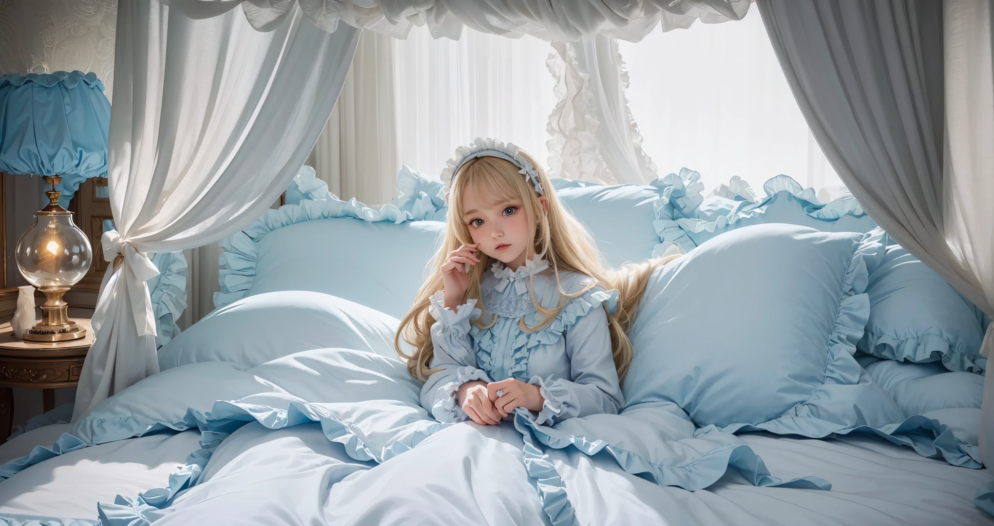 ,highest quality, masterpiece, Highest Resolution, artwork, super それにGet used to it, many Get used to it, Get used to it, それにGet used to it, 3K realistic photos,(( 10 year old girl)),Super detailed baby face,high quality small face,long blonde hair that grows to the waist,blue eyes,白い肌のEuropean,pajamas, European,(((Super long blonde hair))),Curly Hair,blue eyes,((((白のロリータファッションのLong skirtのワンピースドレス)))),((A white nightgown with lots of frills and ribbons)),((1920s style nightgown)),((A gorgeous headdress with frills and ribbons)),Detailed headdress,,(((Large yoke collar))),Yoke collar with ruffles and bow,((((Long sleeve)))),Ruffle sleeves,((((Long skirt)))),White ruffle and lace socks,Large frill and ribbon pillow,(((Nice white clothes))),豪華なCanopy bedの上,Canopy bed,The bed is surrounded by luxurious curtains.,There were a lot of frilly pillows on the bed.,There are a lot of frilly pillows behind the girl.,Highly detailed background,Detailed bed,Soft white comforter,Very fine soft frilly pillow,Beautiful girl illustration,Beautiful face in every detail,Thinning hair,Detailed eyes ,Detailed eyess,Mouth details, Arm details,Beautiful Hands,Detailed pillow,Large bed,Illustration on the bed, ,((((Round futon)))),((((A large frilly futon that covers the entire bed)))),Detailed comforter,Detailed bedシーツ,Before bedtime,Romantic atmosphere,Palace Bedroom,((((The lower half of the body is completely covered by a large cloth.。, Inflated duvet..)))) The girl is leaning against a pile of pillows, ,((((Round futon)))),((((A large frilly futon that covers the entire bed)))),