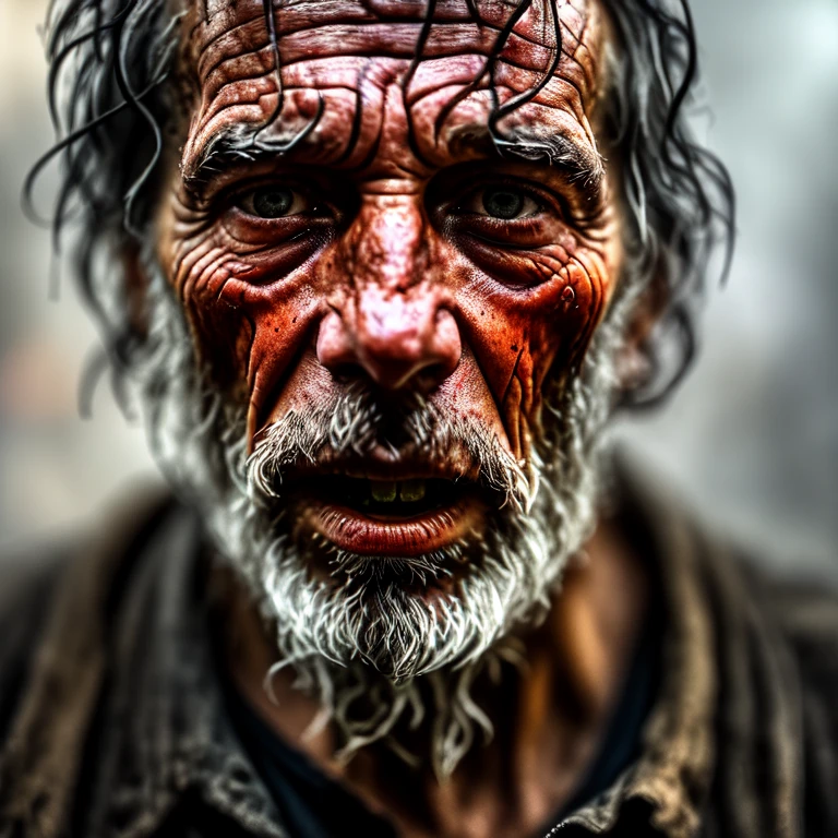 A soul in despair, clad in tattered and charred rags, frantically attempts to escape the fiery clutches of Hell. The Sulphuric backdrop is rendered in excruciating detail, every crack and groove in the molten landscape is visible in this ultra high resolution, best quality masterpiece. The man's face, etched with anguish and exhaustion, boasts realistic skin texture (1.4), the pores and wrinkles etched intricately. Flames flicker in the background, casting a dramatic, selective vignette over the scene, while the soul's eyes blaze with undying determination, an ethereal sapphire