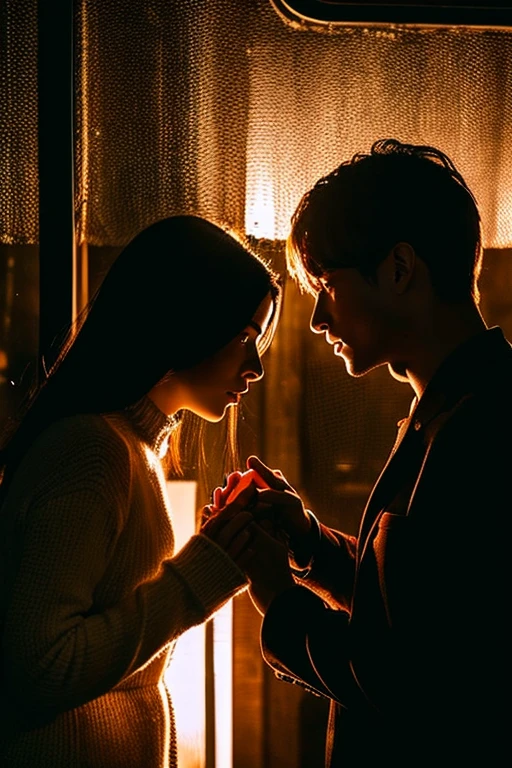 a man and a woman holding each other's hands together, warmth accompanies them in the middle of the dark night, the woman almost fades, the woman is a ghost and the man is a human.  the woman will disappear and melt, the woman wears warm clothes and the man continues to look at the woman's eyes which will melt into pieces, remember women are ghosts in human form and very men are humans