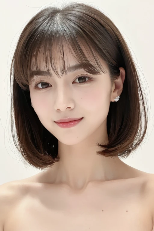 ((masterpiece, highest quality, High resolution)), 1 girl, (Realistic: 1.4), alone, White Background, snow-White Background, Mouth closed, Smile, Beautiful black hair, short hair, Big eyes, Transparent double eyelids, eyelash, Listen carefully, Absolute area, ((Face close-up)), (Draw the whole head, shoulder), 30 years old, Attractive proportions, Glowing Skin, Beautiful collarbone, A face of golden proportions, Perfect Face, Teardrop-shaped moles, Mole on chest, bangs, clean bangs, beautiful bangs, Lip gloss, Thin lips, Pale skin, naked, Small breasts, Small face, All the heads are painted, shoulder all drawn,Woman in sexy white underwear、