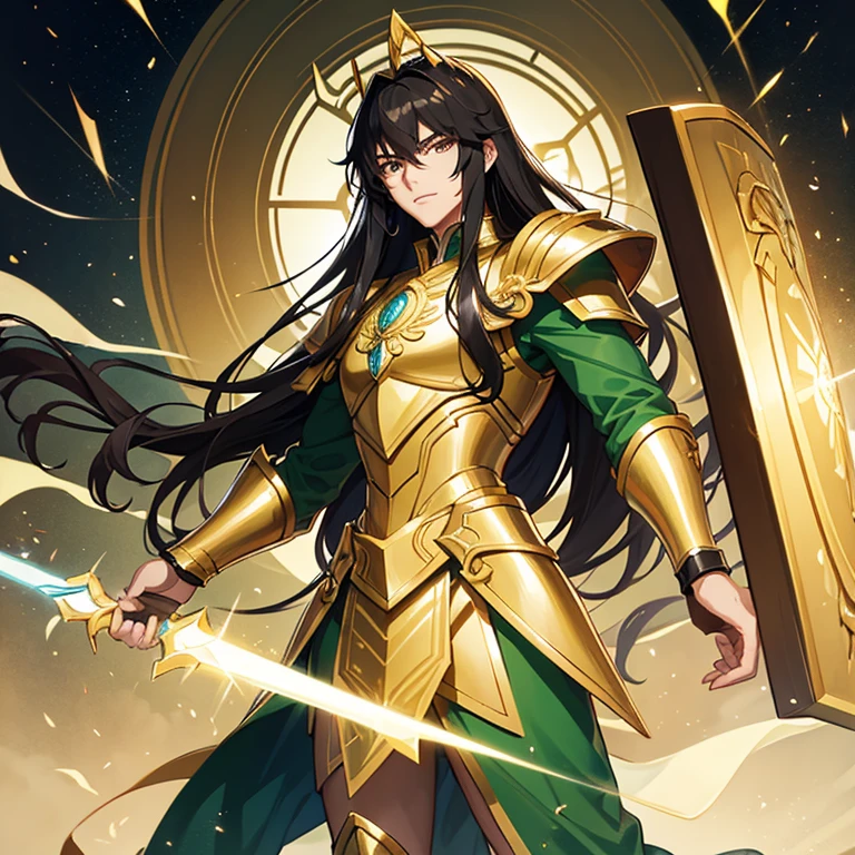 handsome young man, young appearance, slim build, dark complexion, long wavy black hair, golden eyes, green shirt, bronze Saint Seiya armor, shield theme.