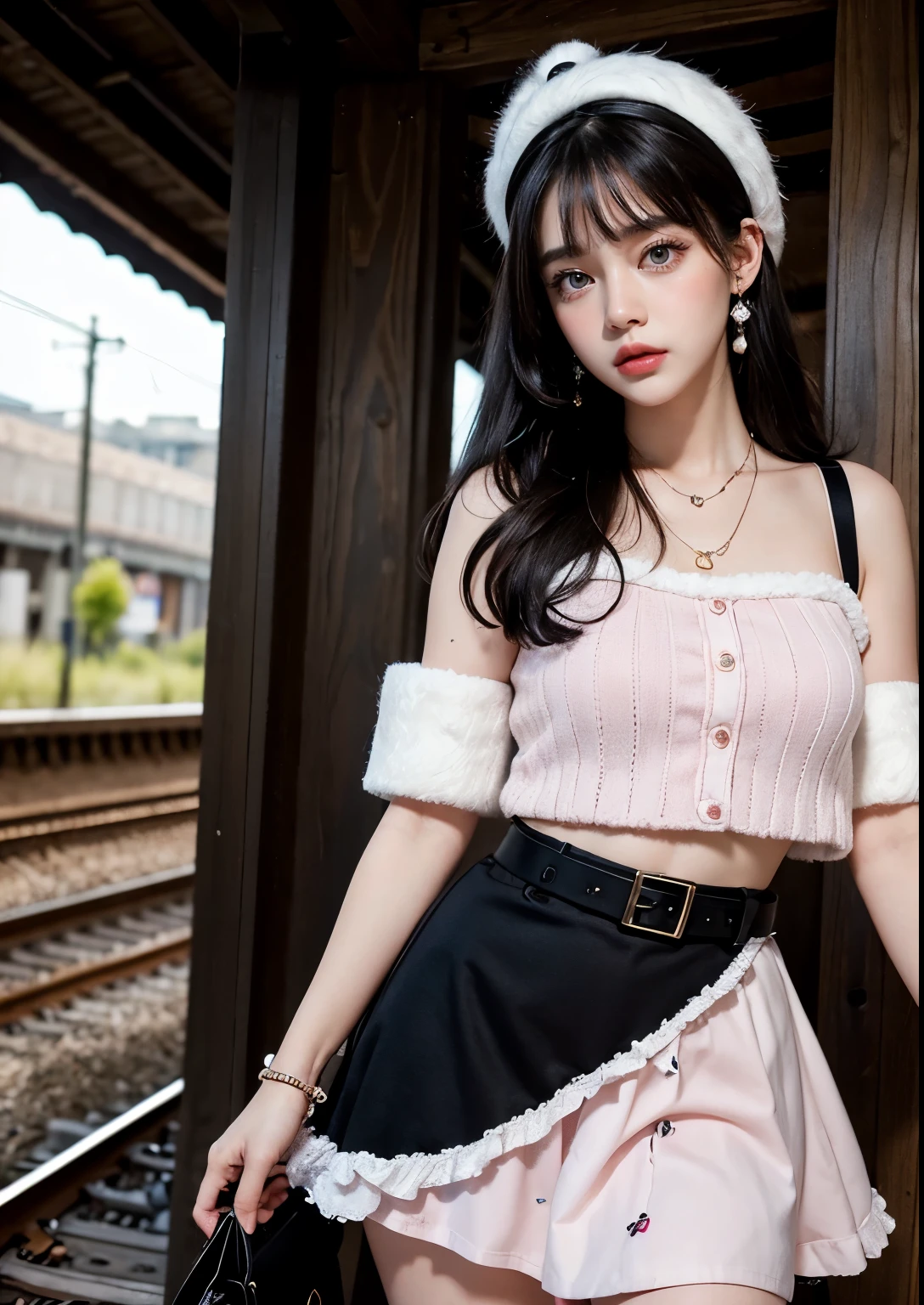 (Ultra-detailed eyes), (((textile shading))), (((Best Quality))), (((masterpiece))), (((Ultra realistic))), fat, sassy girl, street girl, messy hair, Emo Pin up Girl, pink fruity top, white fruity skirt, long leg warmers, y2k sparkle belt, faux fur hat, cute necklace, y2k edition earrings, black and pink outfit colors, Striking a pose, natural make up, skinny fat innocent, in a haunted rail station, heavenly, midshot, centered image, good girl, innocent girl, front look, black hair