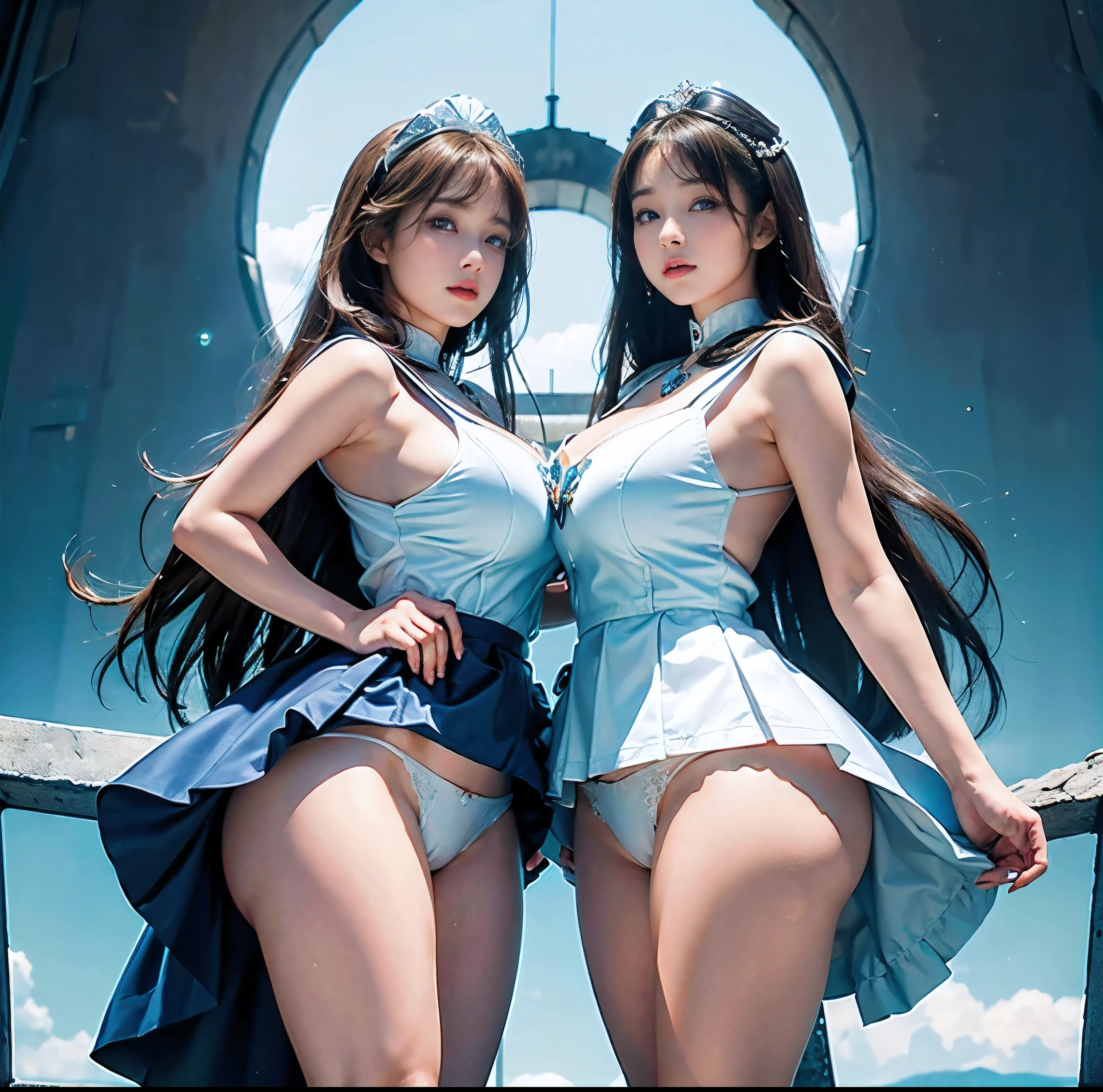 Highest quality, 8K quality, Masterpiece, Two busty women standing side by side, (Super big breasts compressed by clothes:1.2), Whitening skin, Sparkling Blue Eyes, Sailor collar mini dress, Above the knee, Skirtliftv1, (Protruding and accentuated booty), Super big breasts in a frontal view, (White panties), grabbing own ass