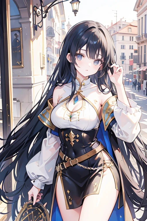 Italian girl, 25 years old, very long black hair, medieval fantasy sorceress