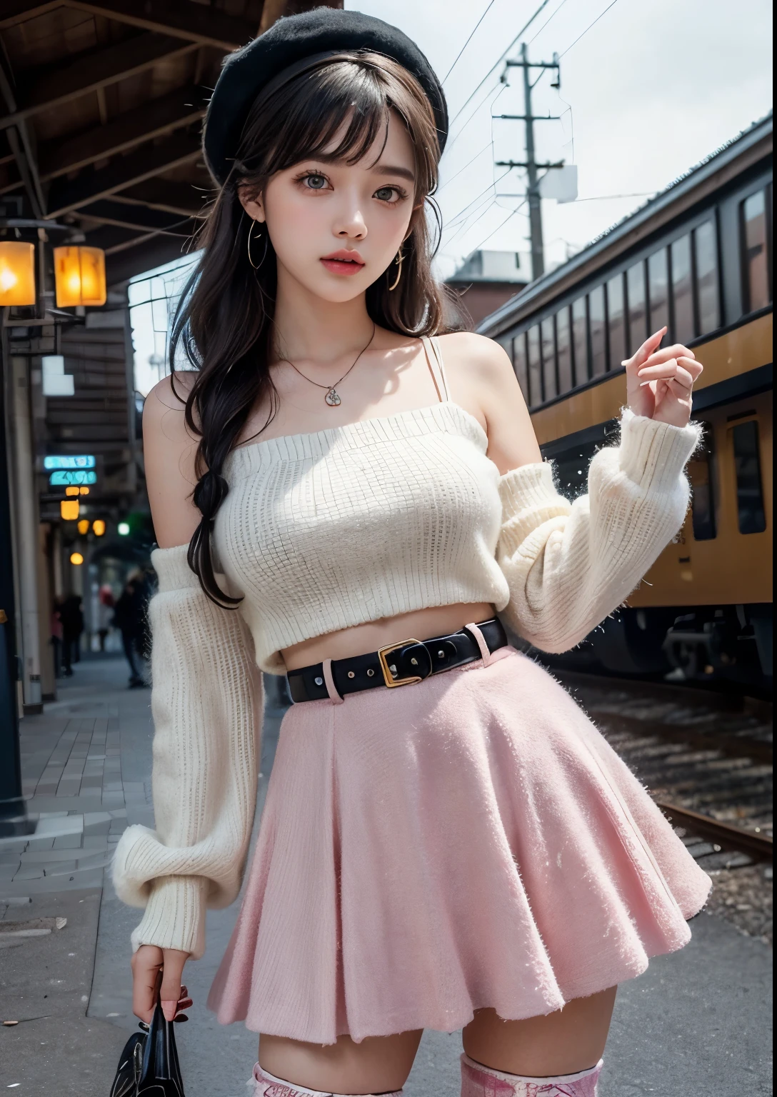 (Ultra-detailed eyes), (((textile shading))), (((Best Quality))), (((masterpiece))), (((Ultra realistic))), fat, sassy girl, street girl, messy hair, Emo Pin up Girl, pink fruity top, white fruity skirt, long leg warmers, y2k sparkle belt, faux fur hat, cute necklace, y2k edition earrings, black and pink outfit colors, Striking a pose, natural make up, skinny fat innocent, in a haunted rail station, heavenly, midshot, centered image, good girl, innocent girl, front look, black hair