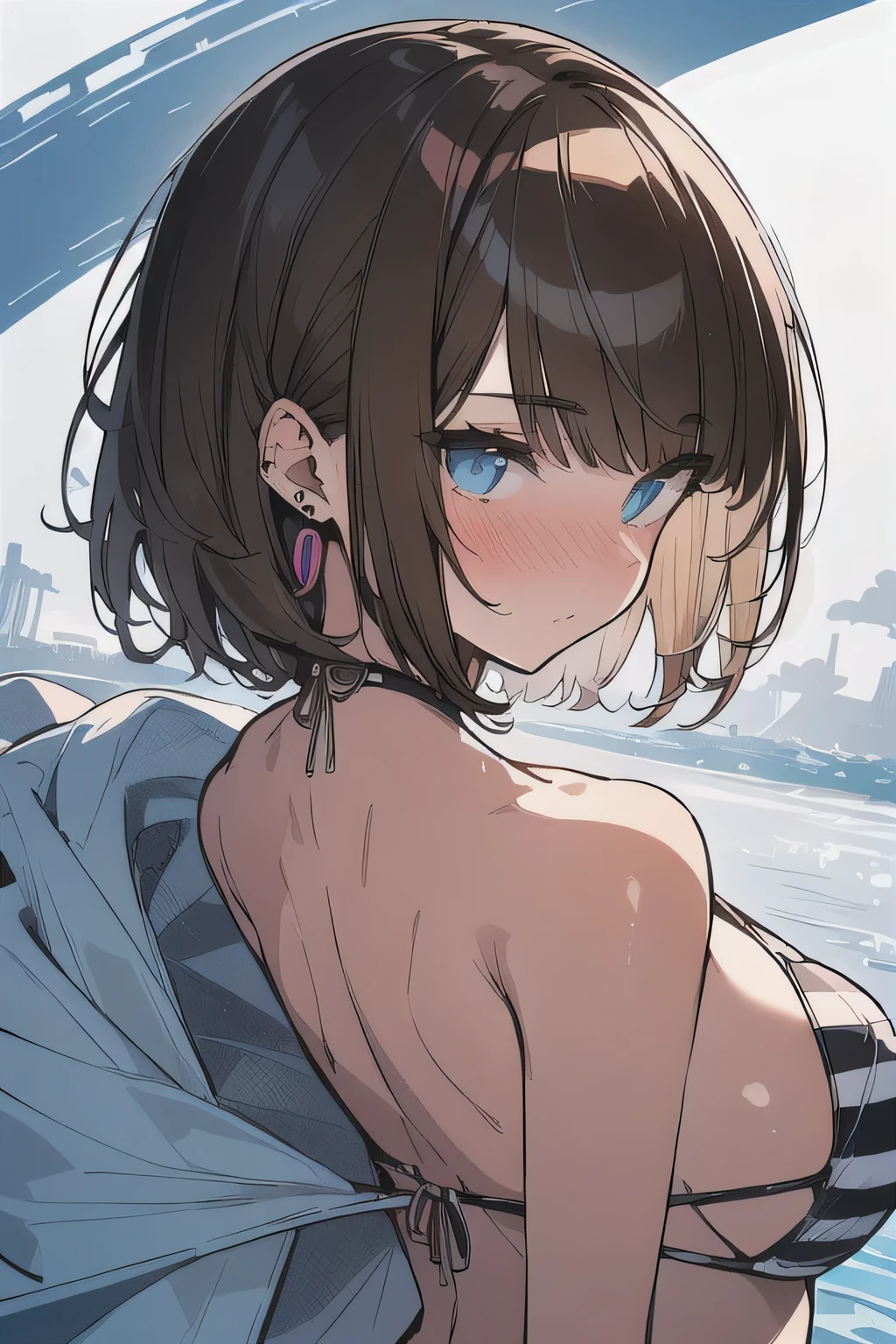 (best quality), (Super detailed), (Best Illustration), (masterpiece), (woman), arched back, (striped bikini), (large breasts:1.2), {brown hair, (sideburns), (bob cut:1.3), curly hair, hairs between eyes, colored inner hair}, {(detailed eyes), blue eyes}, nose blush, earring, wind, white background