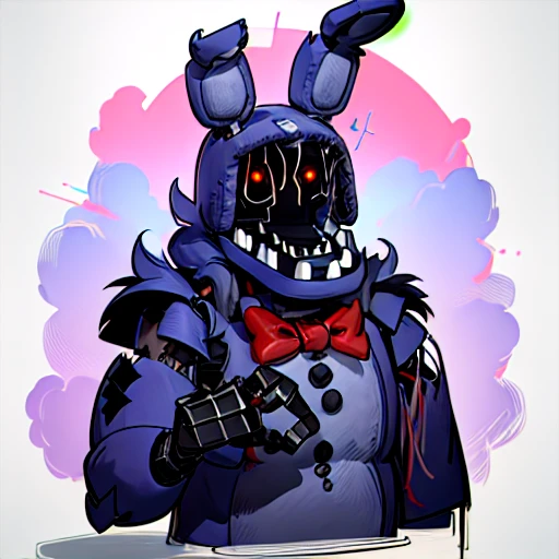 anthropomorphic, piel detallada, (fluffy anthro peludo:1.5), peludo, cara linda,pelaje morado, orejas de conejo con foxy de five nights at freddys , un parche En el ojo un garfio Una herids en el pecho que deja al descubierto su endoesqueleto metalico