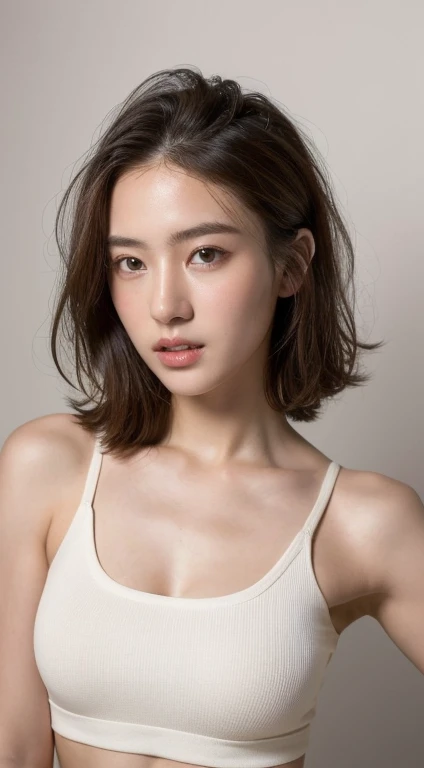 ((highest quality, 8k, masterpiece :1.3)), 1 girl, Cute woman highlighting her slim abs :1.3, (Random Hairstyles :1.2), Oversized tank top :1.2, Highly detailed face, Beautiful Eyes, double eyelid, Underarm、Woman in sexy white underwear、