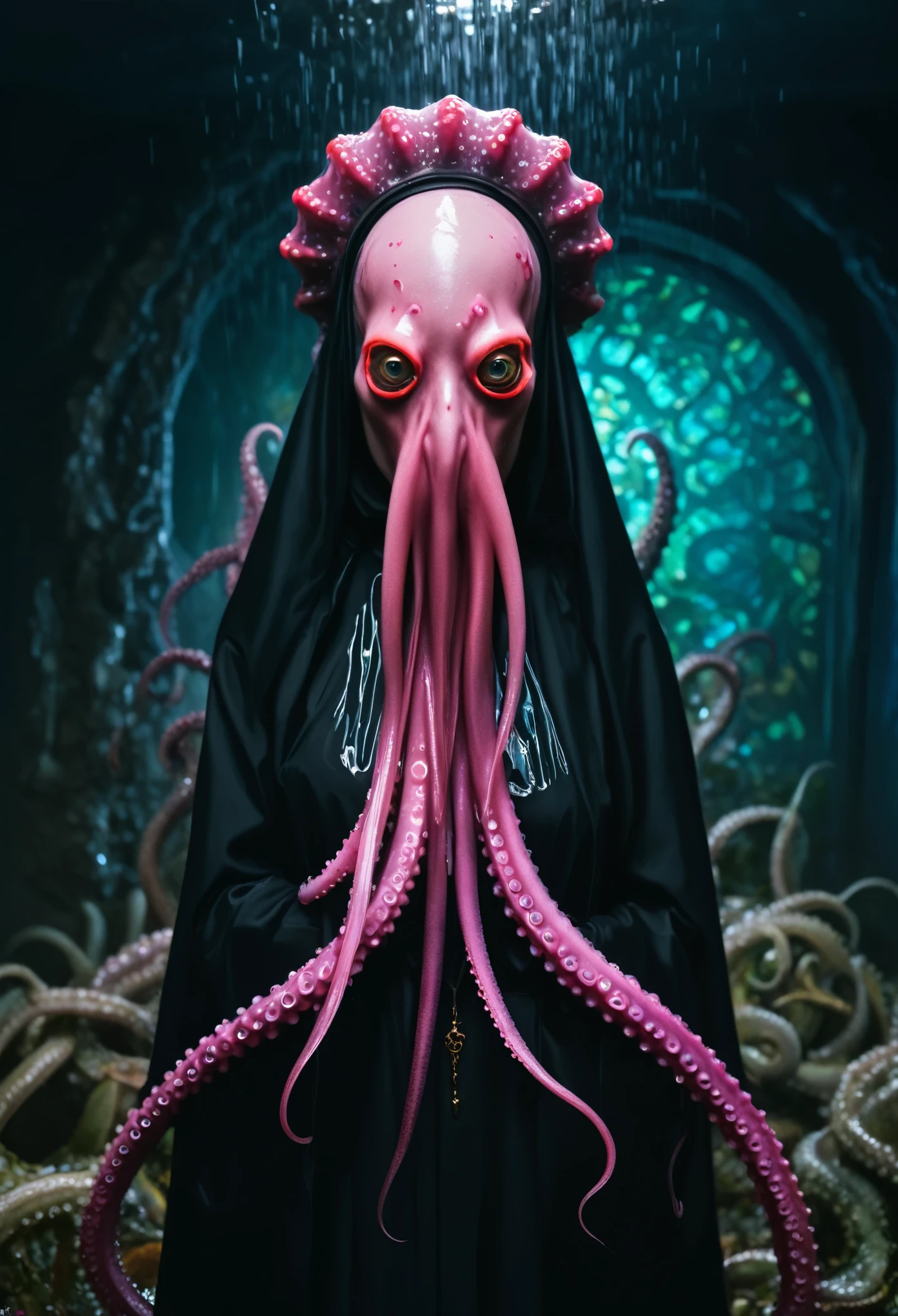 8K, ARTISTIC photogrAphy, best quAlity, mAsterpiece: 1.2), A (potrAit:1.2)  witch BLOOD   Cthulhu nun QUEEN, EYES, PINK many octopus style tentacles, full body RAW candid cinema, RED hair, 16mm, color graded portra 400 film, remarkable color, ultra realistic, sad admosphere, dark lighting, oppressive atmosphere, depressive colors, kodak portra 400, photograph,r, Natural Light, Pinhead lighgts, blur reflection, Brush Strokes, Smooth, abstract, Splatter, Oil On Canvas, rainbow colors, fractal isometrics details bioluminescens : a stunning realistic photograph of wet bone structure, 3d render, octane render, intricately detailed, titanium decorative headdress, cinematic, trending on artstation | Isometric | Centered
