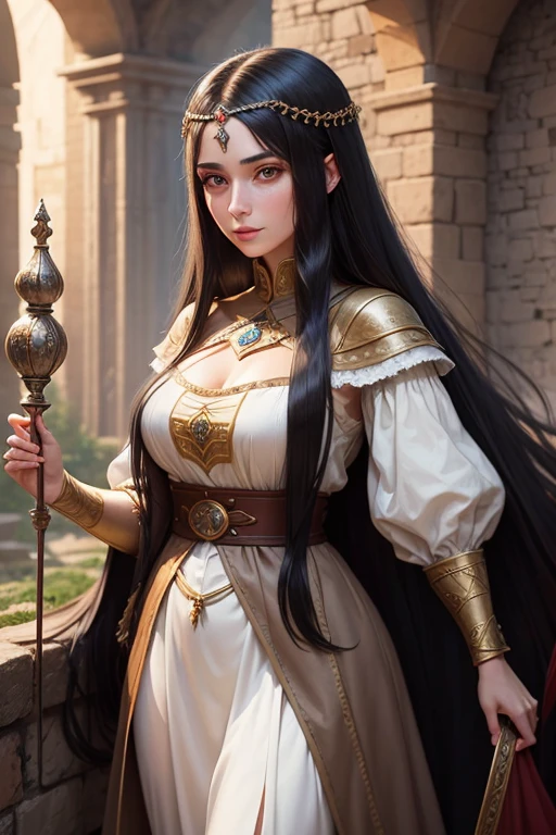Italian girl, 25 years old, very long black hair, medieval fantasy sorceress, medieval fantasy world